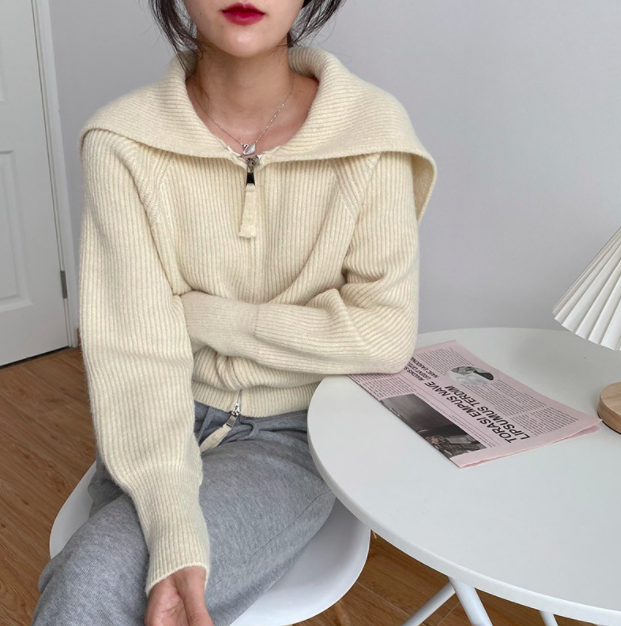 ᴷᴼᴿᴱᴬ 🇰🇷   韓國大翻領直條雙拉鍊兩穿針織毛衣外套 （四色）