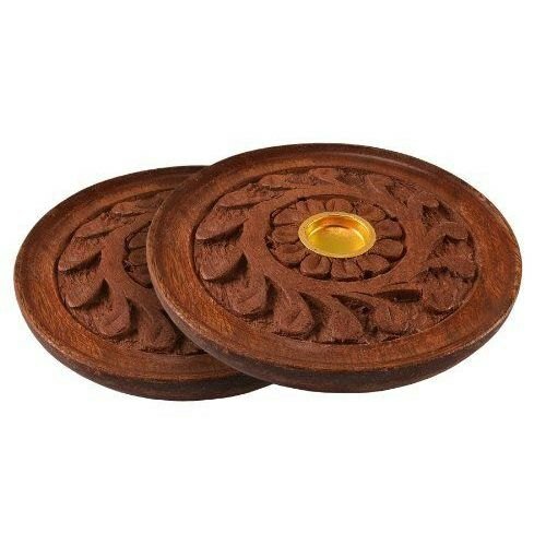 4" ROUND CARVED WOOD STICK/CONE INCENSE BURNER