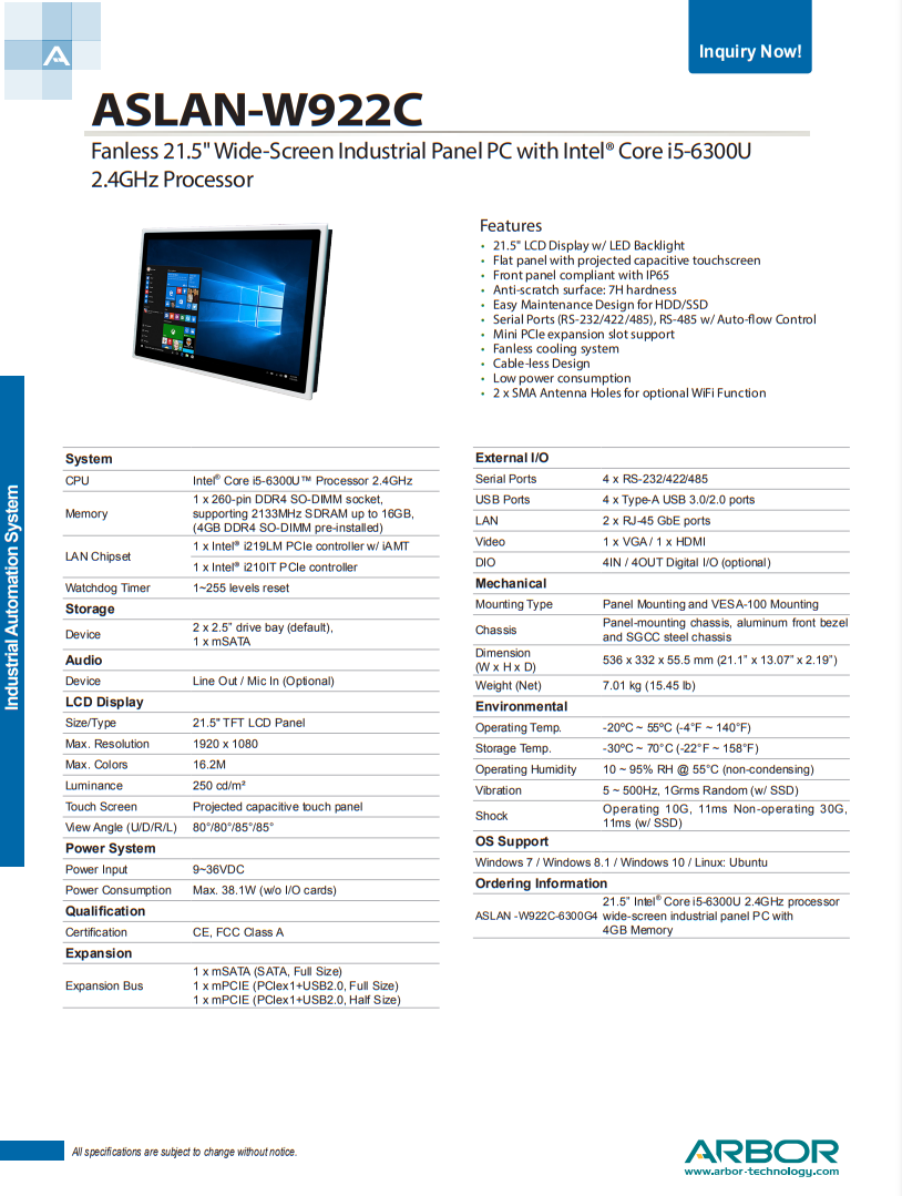 22 英寸大觸摸屏平板電腦 ASLAN-W922C, IP65