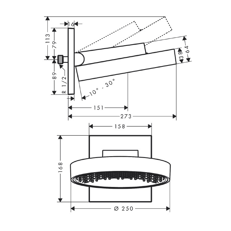 hansgrohe Rainfinity 26226, -000 Overhead shower 250 1jet with wall connection