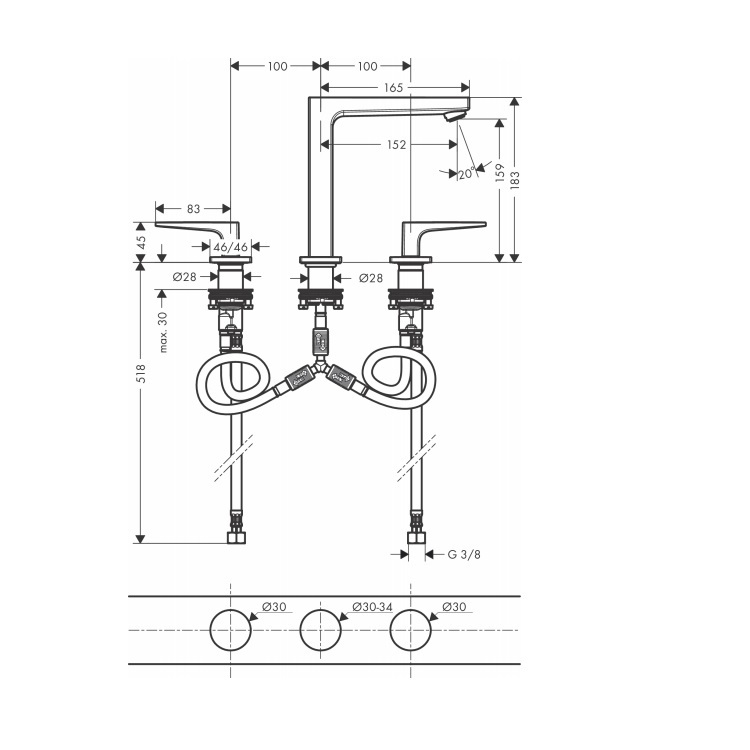 hansgrohe Metropol 32515, -000 3-hole basin mixer with lever handle with push-open waste set - With Wels