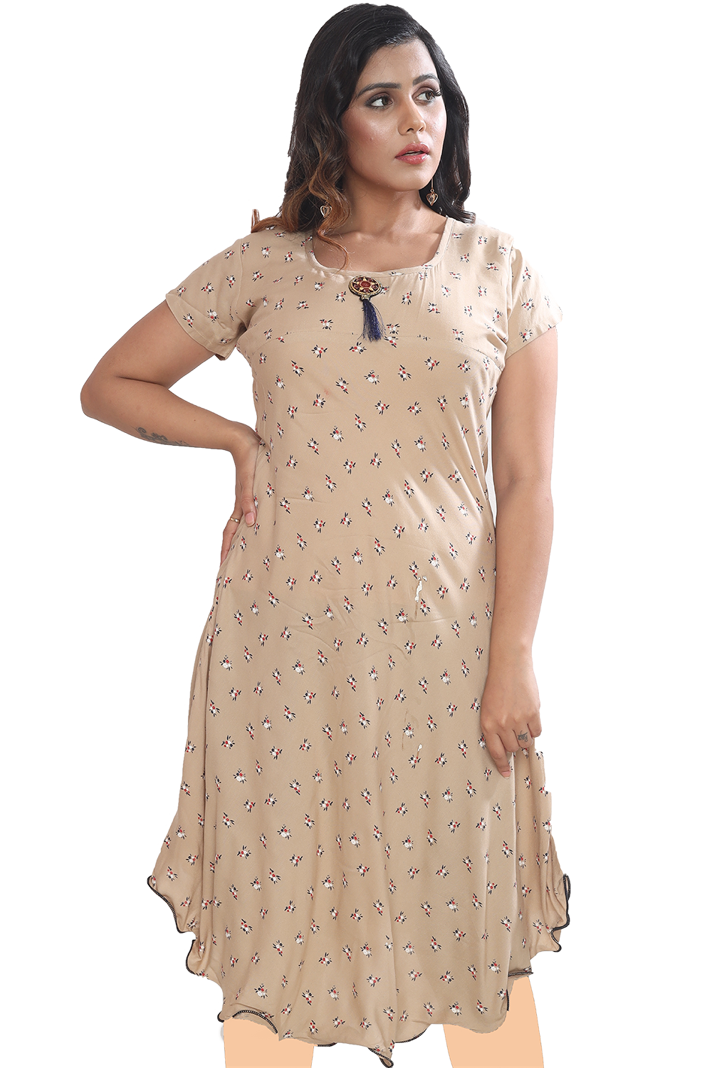 Women Beige Rayon Floral Princesse Knee Length Kurti Dress Q1517B