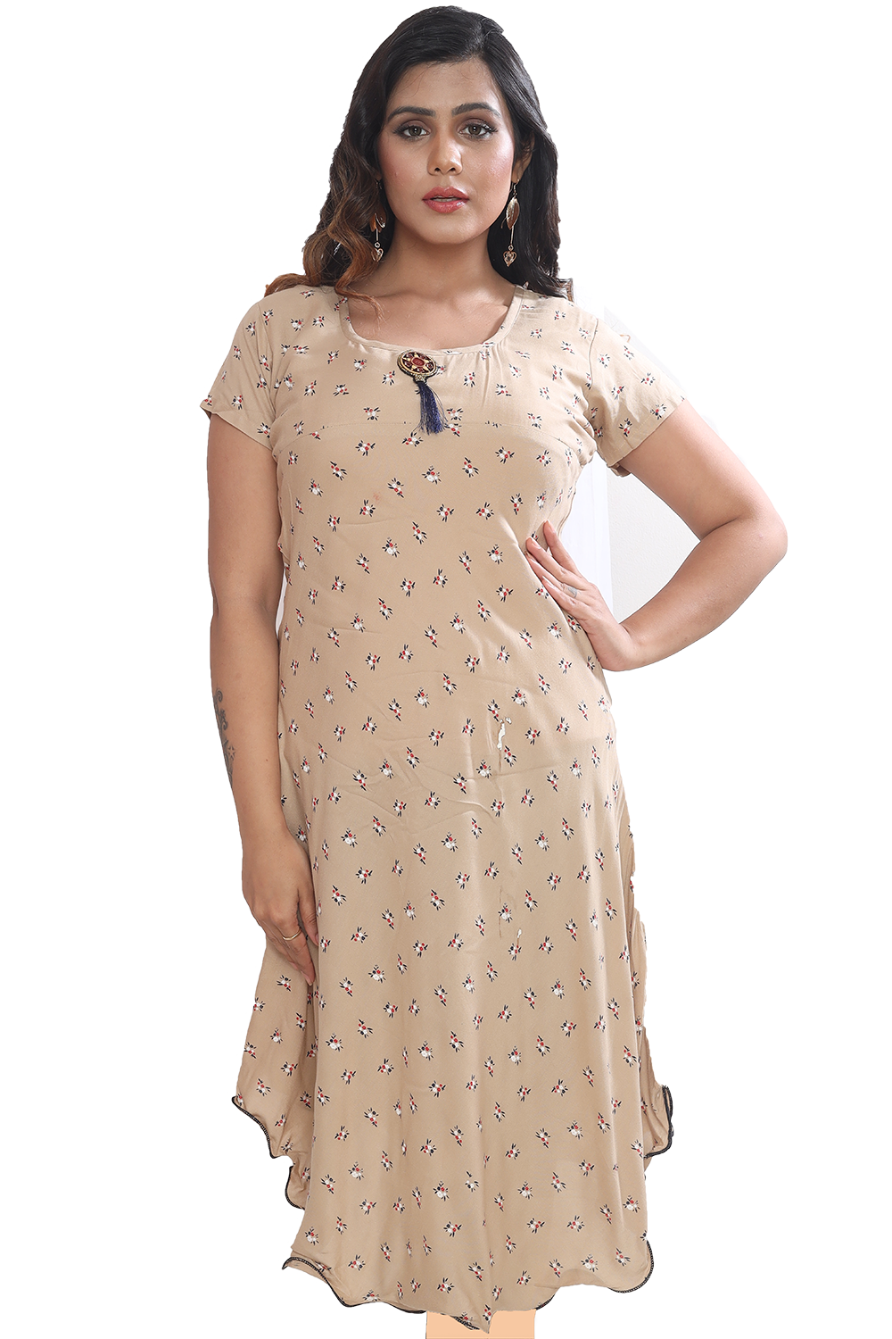 Women Beige Rayon Floral Princesse Knee Length Kurti Dress Q1517B