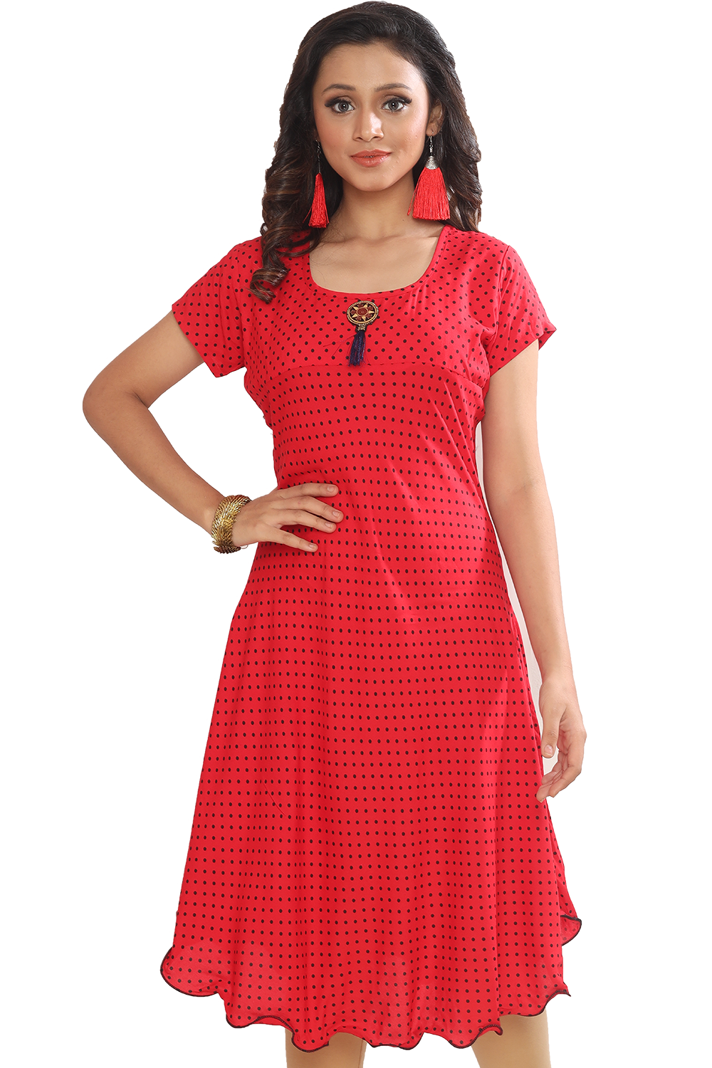 Women Red Rayon Floral Princesse Knee Length Kurti Dress Q1517C