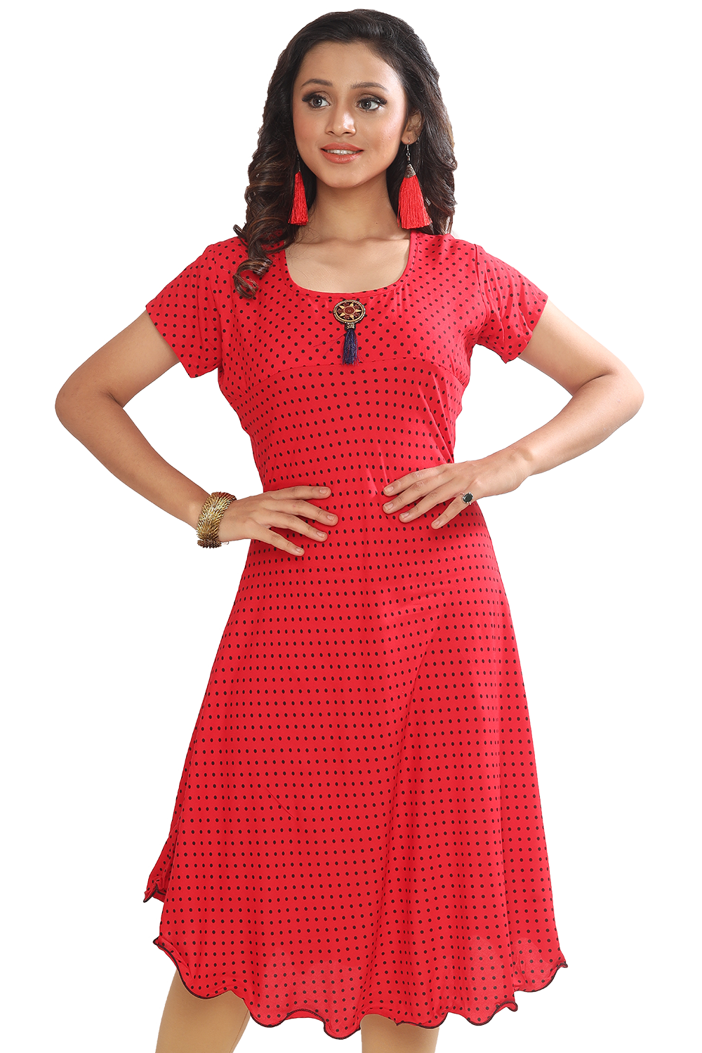 Women Red Rayon Floral Princesse Knee Length Kurti Dress Q1517C