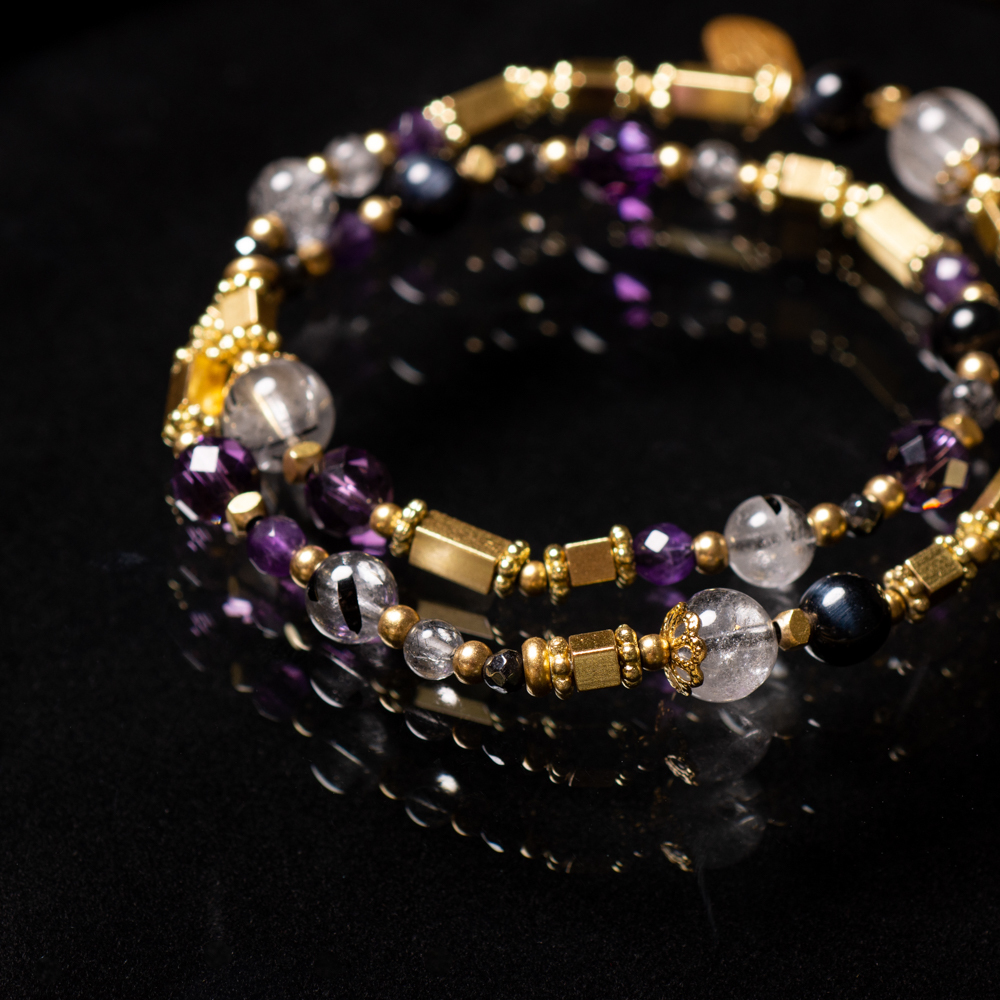 月亮女巫｜紫水晶黑髮晶雙圈手鍊 C1390