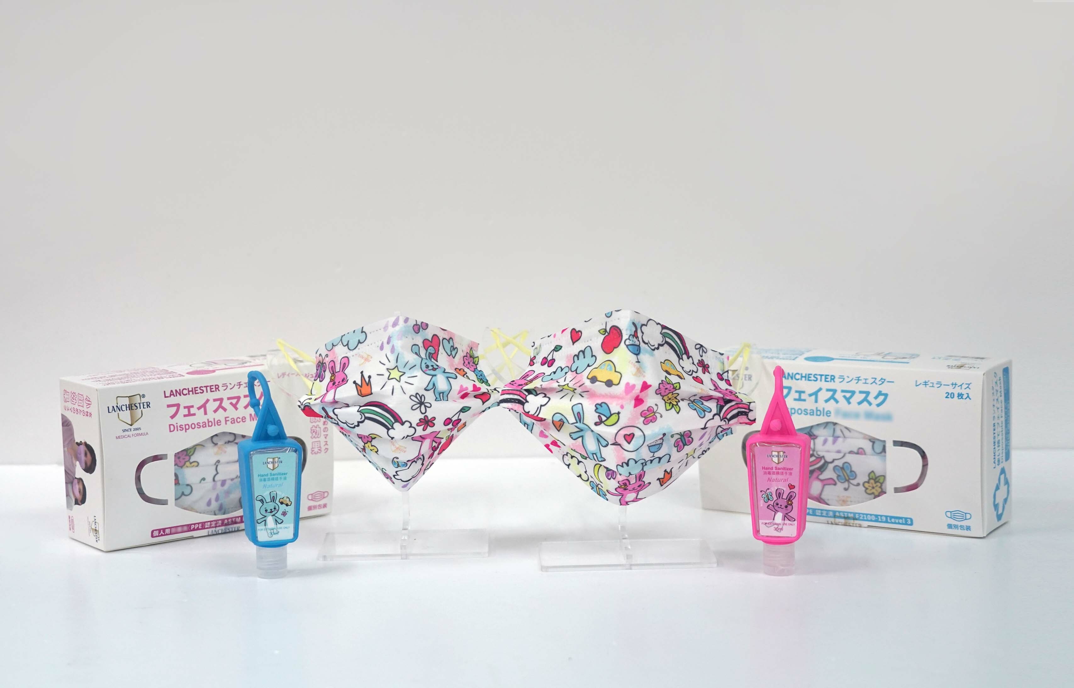 【家庭裝優惠】【蘭徹斯特奇遇記系列】成人  二十片 及小童三層ASTM LV3 防護口罩 二十片獨立包裝 (多項證書認證/信心保證)+ (兩支30ml 可掛便攜式消毒酒精搓手液)