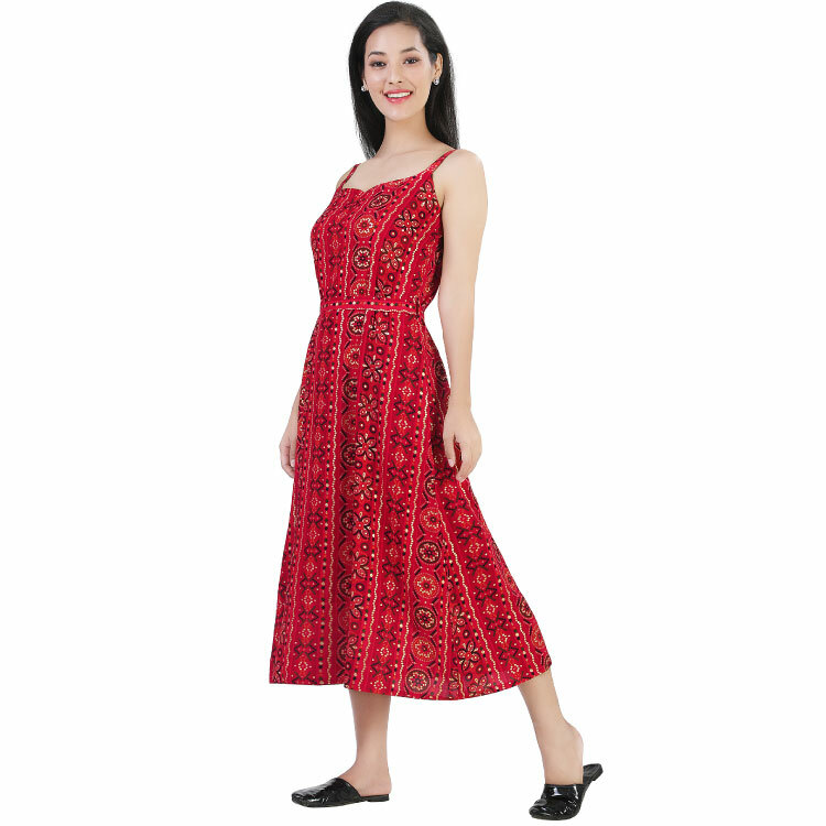 Women Red Rayon Printed Knee Length Sleeveless Dress Q1530