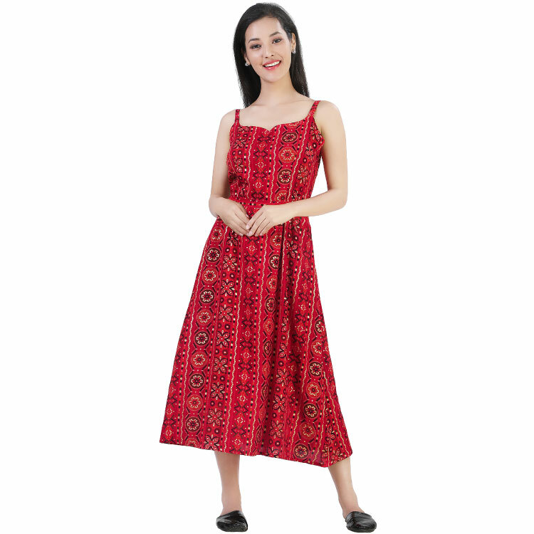 Women Red Rayon Printed Knee Length Sleeveless Dress Q1530