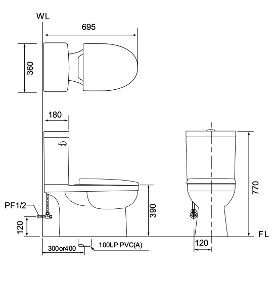 摩登 側把一段式大管徑省水馬桶 CS-2115-30/40