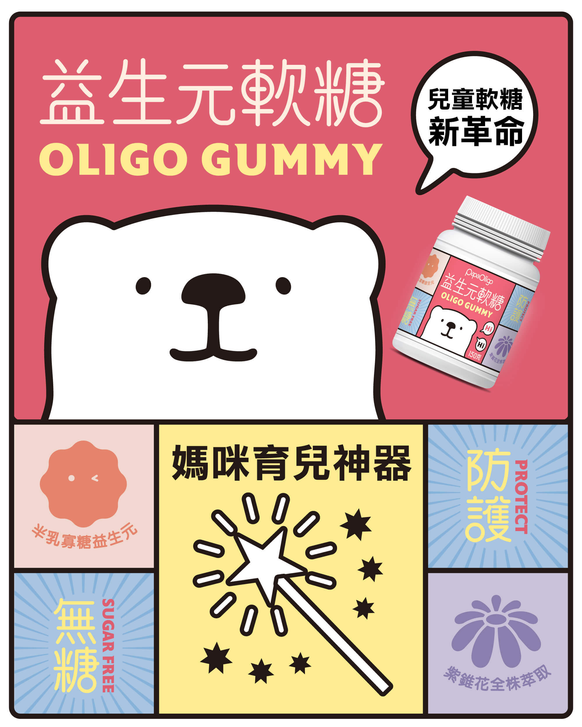 益生元軟糖,媽咪的育兒神器。保護升級紫錐花強化身體防護力,益生元補充膳食纖維,無添加蔗糖、無添加人工色素、無添加人工香料 益生元軟糖兒童軟糖新革命,無添加:蔗糖、人工色素、人工香料,紫錐花萃取強化身體防護力