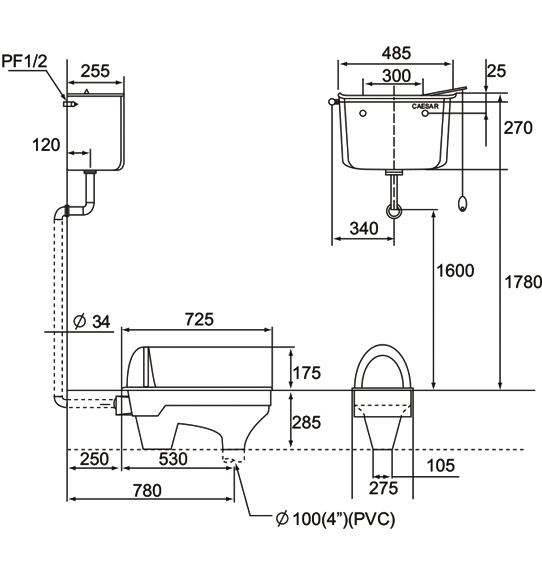摩登 加長型高水箱式蹲便 CS-106