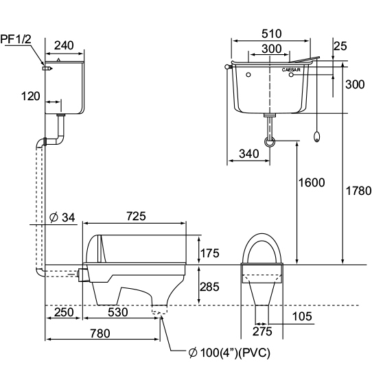 摩登 加長型感應式高水箱式蹲便 CS-106 / CF104D (DC)