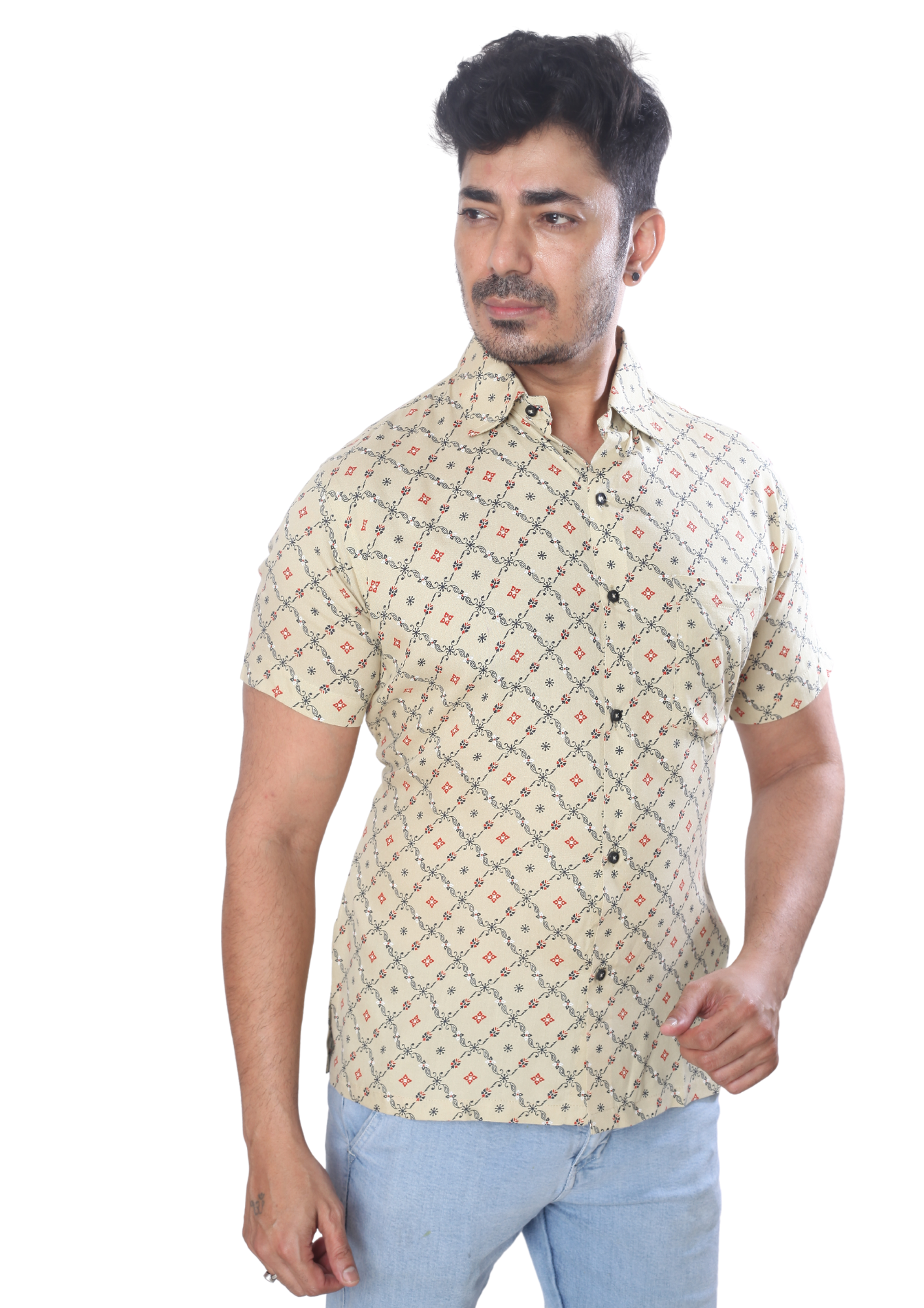 Men Beige Rayon Printed With Chest Pocket Short Sleeve Kurta Shirt Q1524