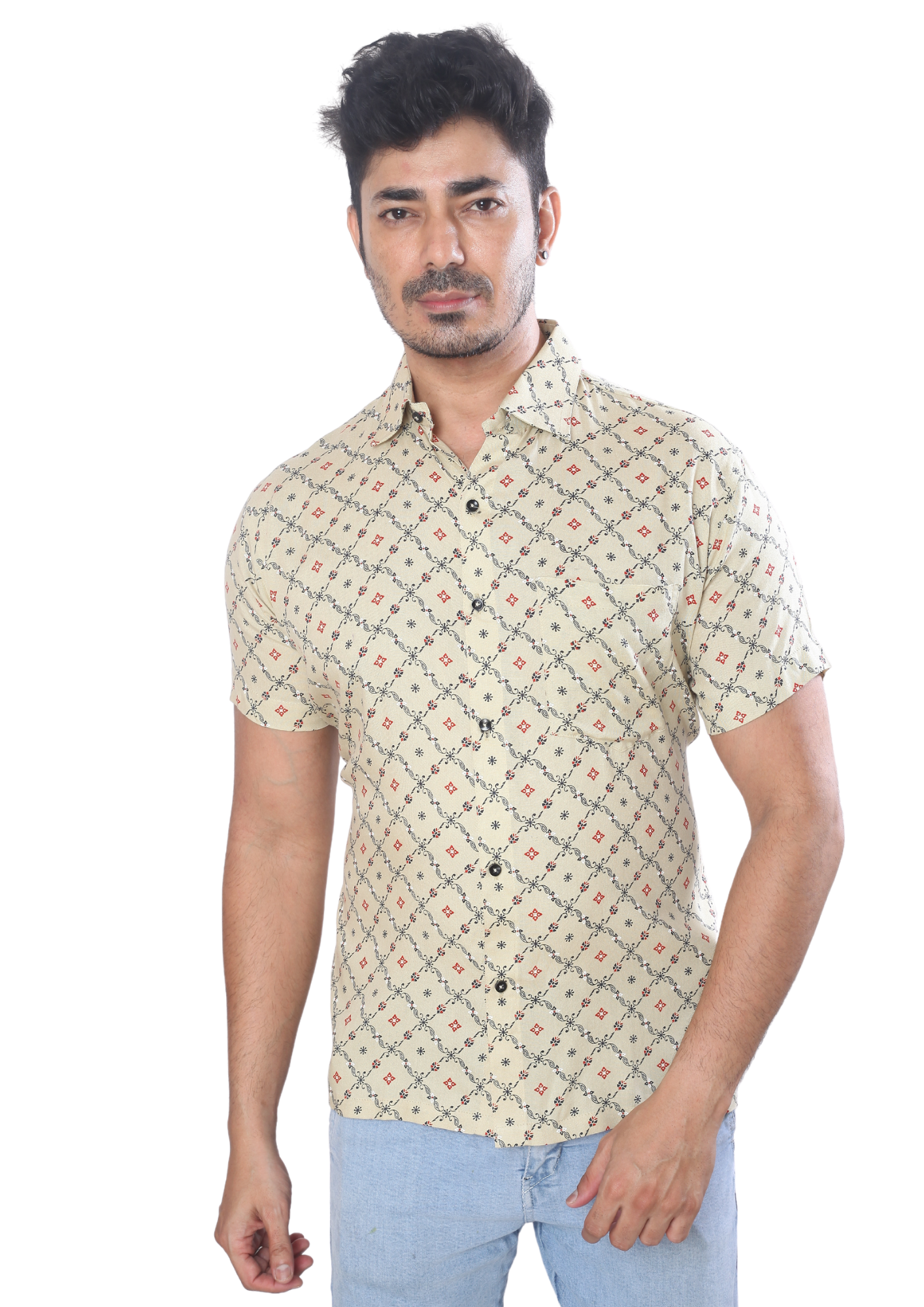 Men Beige Rayon Printed With Chest Pocket Short Sleeve Kurta Shirt Q1524