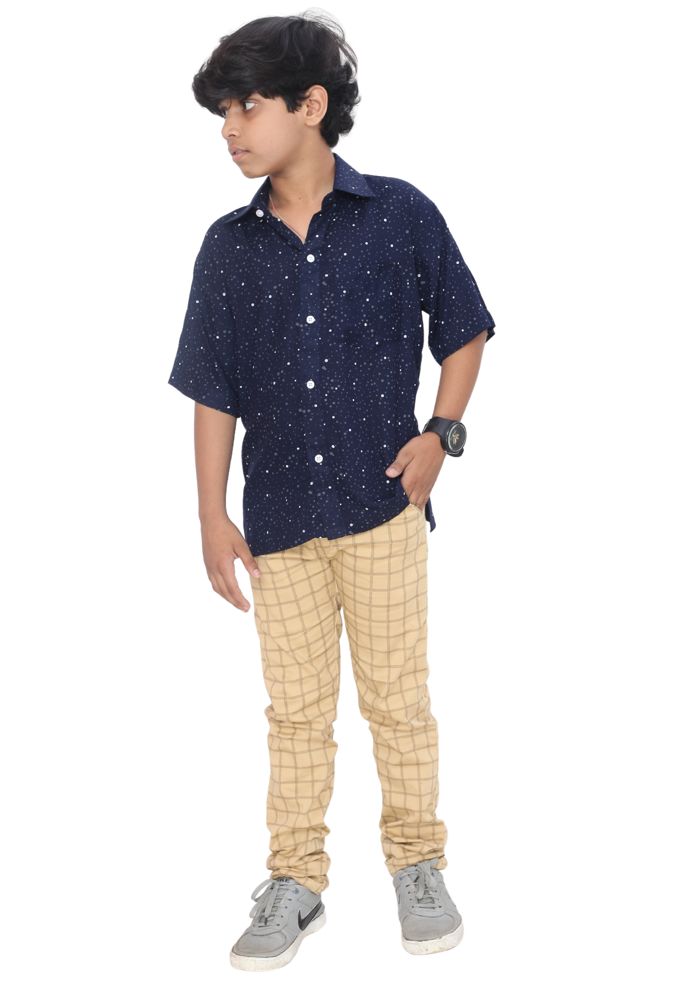 Boy Navy Blue Rayon Printed with Chest Pocket Short Sleeve With Kurta Shirt Q1523