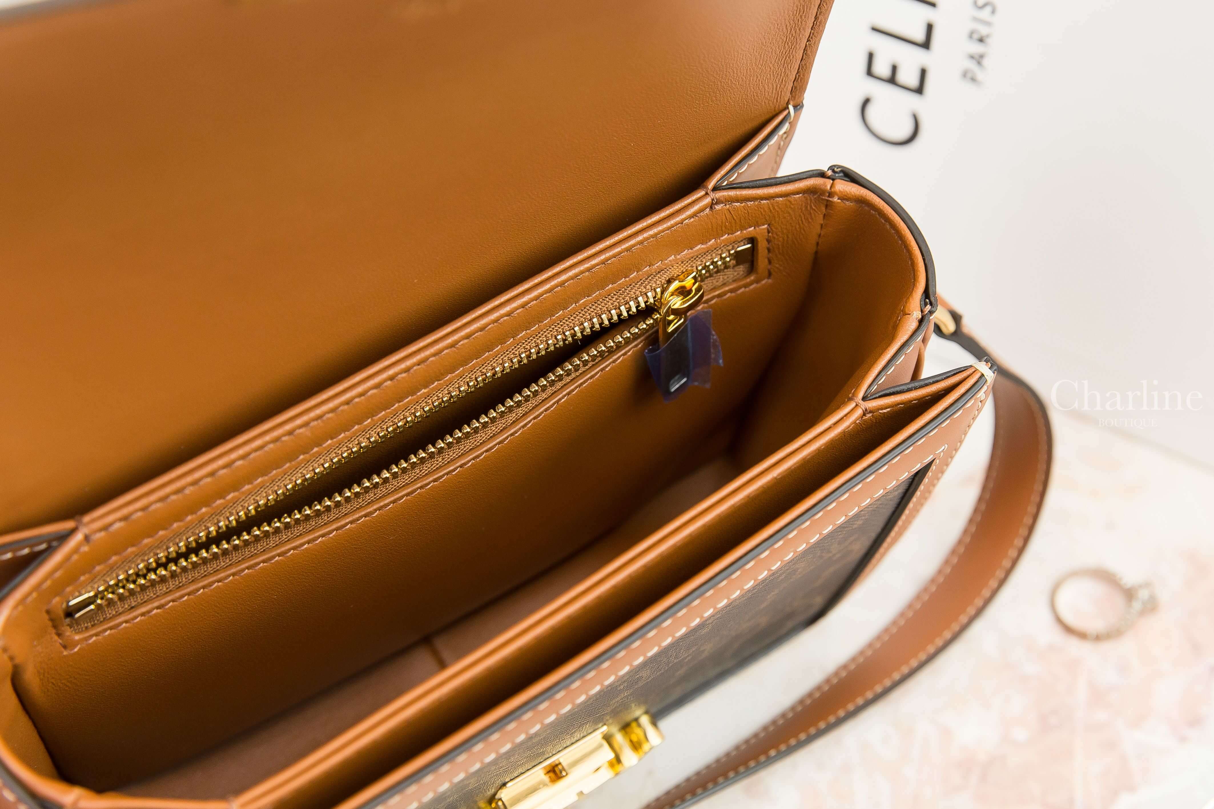 Celine Teen Triomphe Bag In Triomphe Canvas And Calfskin 棕褐色凱旋門老花帆布拼咖啡色牛皮金釦肩背包-Charline Boutique 精品代購