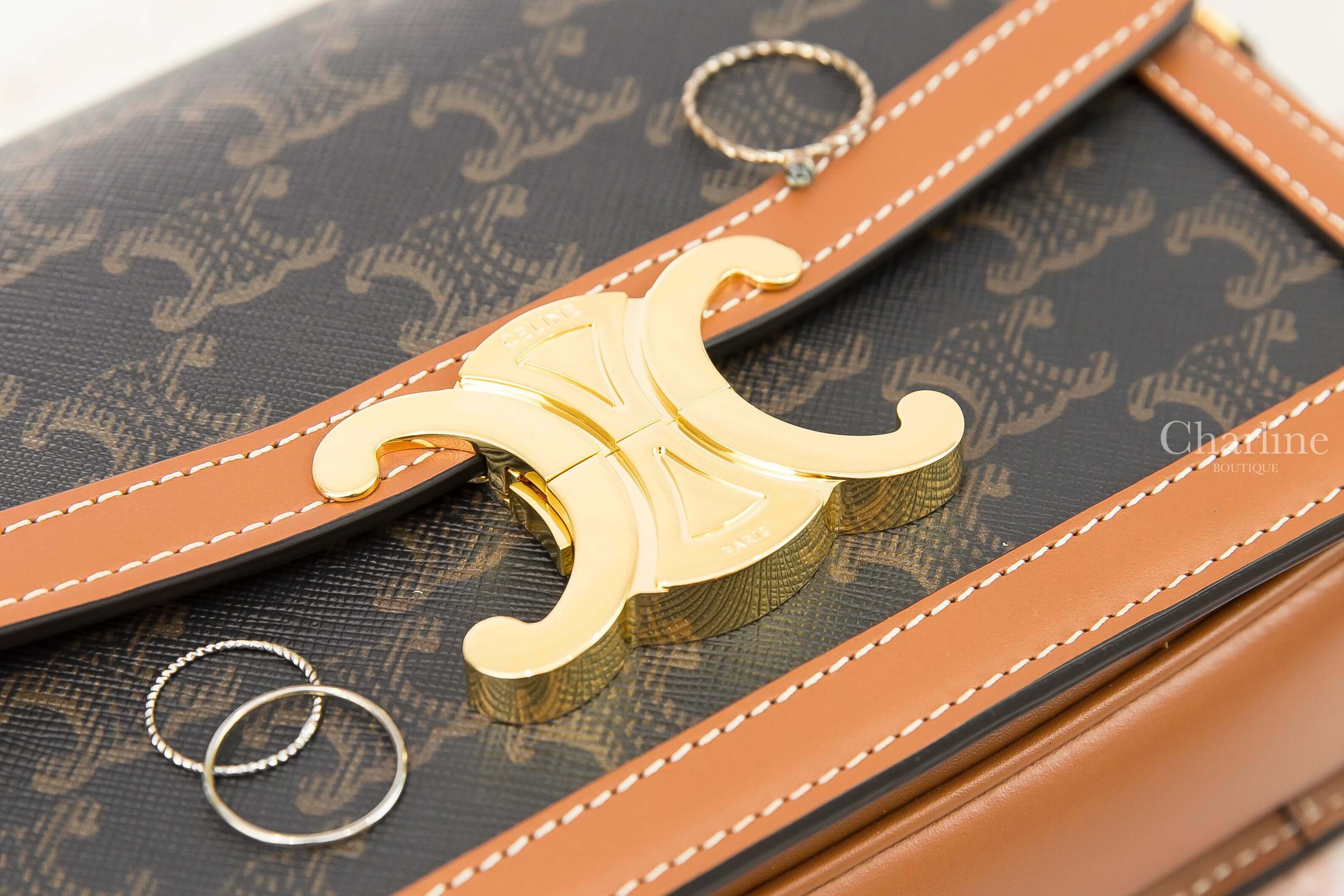 Celine Teen Triomphe Bag In Triomphe Canvas And Calfskin 棕褐色凱旋門老花帆布拼咖啡色小牛皮金釦肩背包