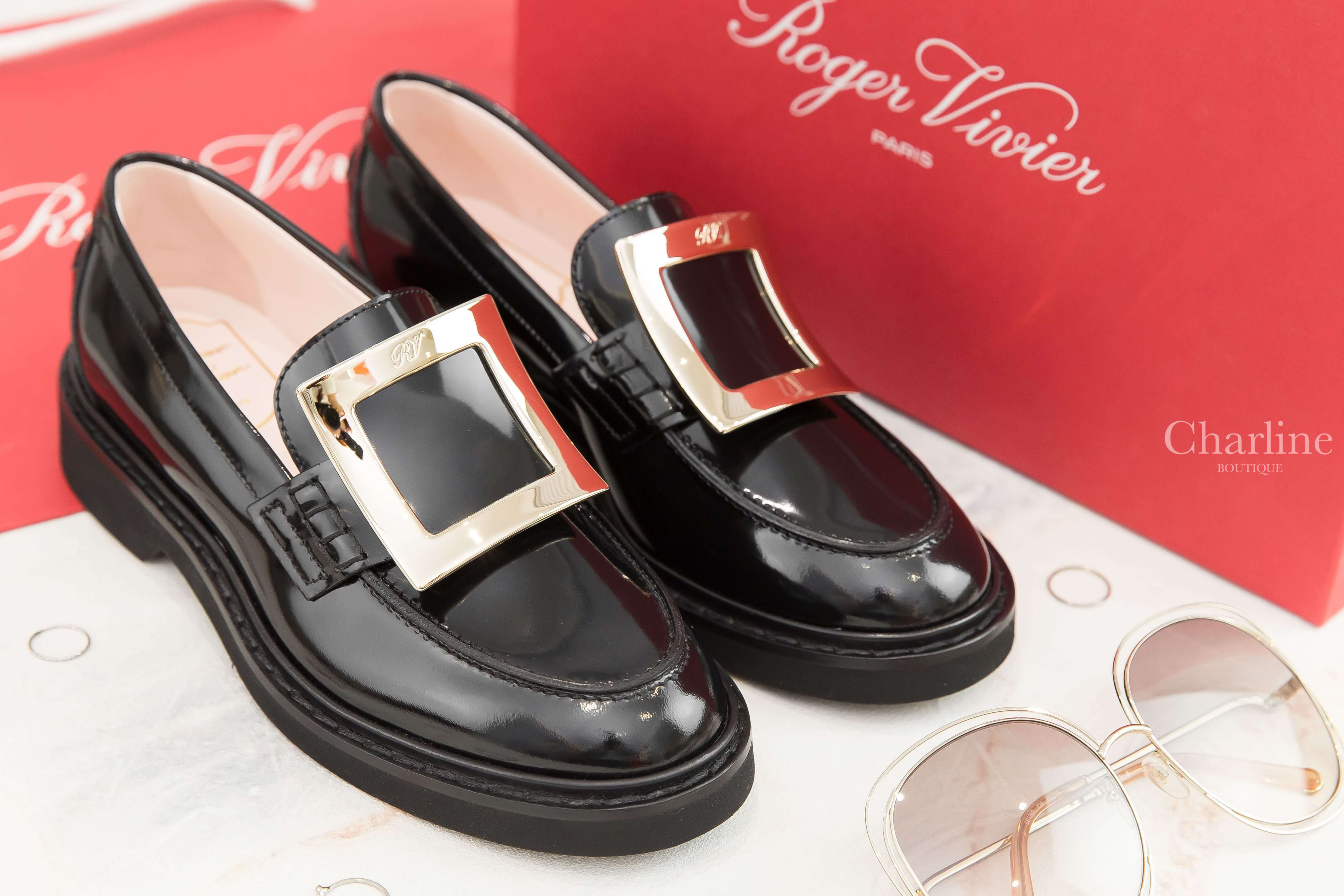 Roger Vivier Viv' Rangers Metal Buckle Loafers In Leather 黑色皮革淡金色方釦樂福鞋