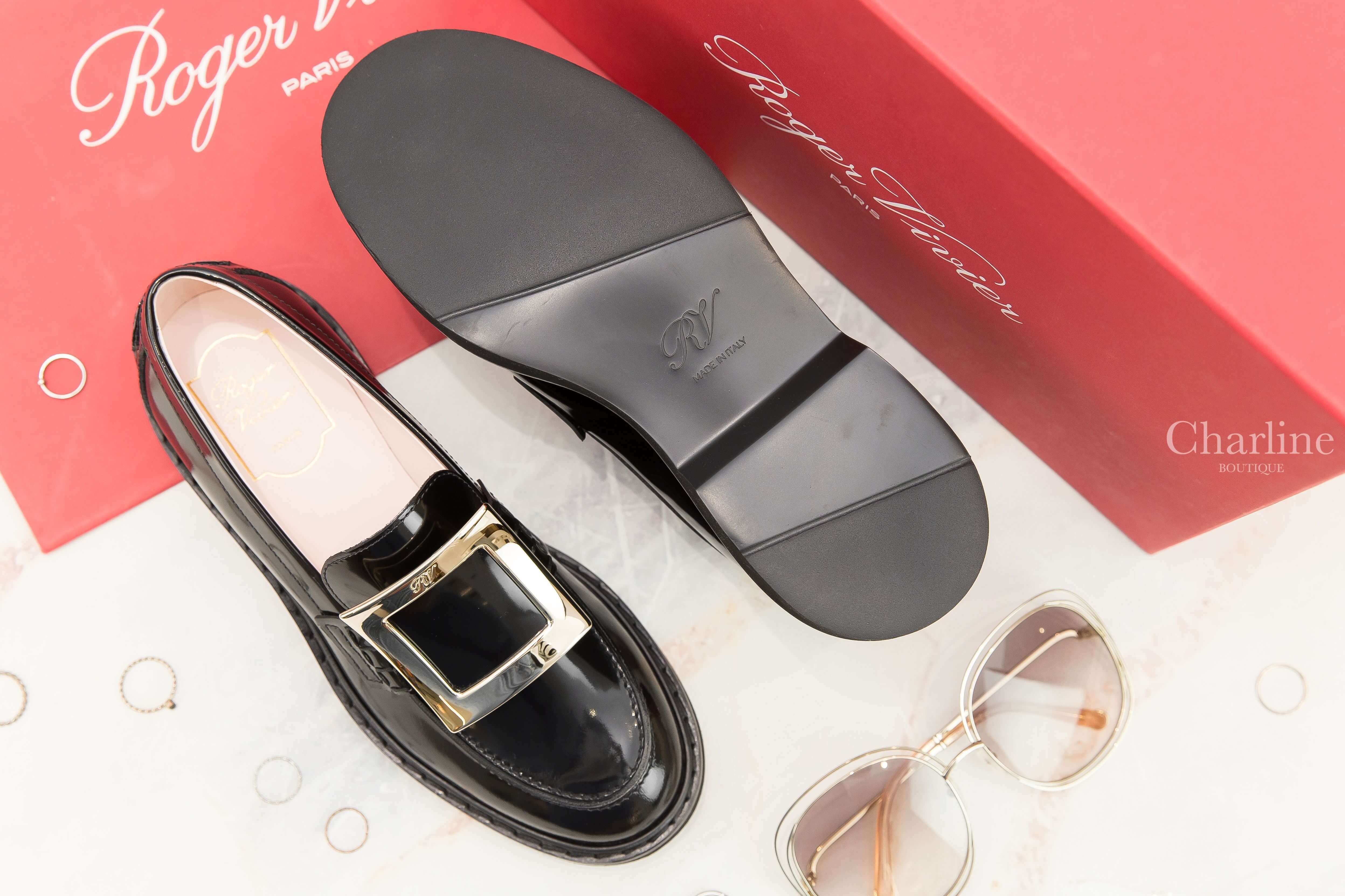 Roger Vivier Viv' Rangers Metal Buckle Loafers In Leather 黑色皮革淡金色方釦平底樂福鞋-Charline Boutique 精品代購