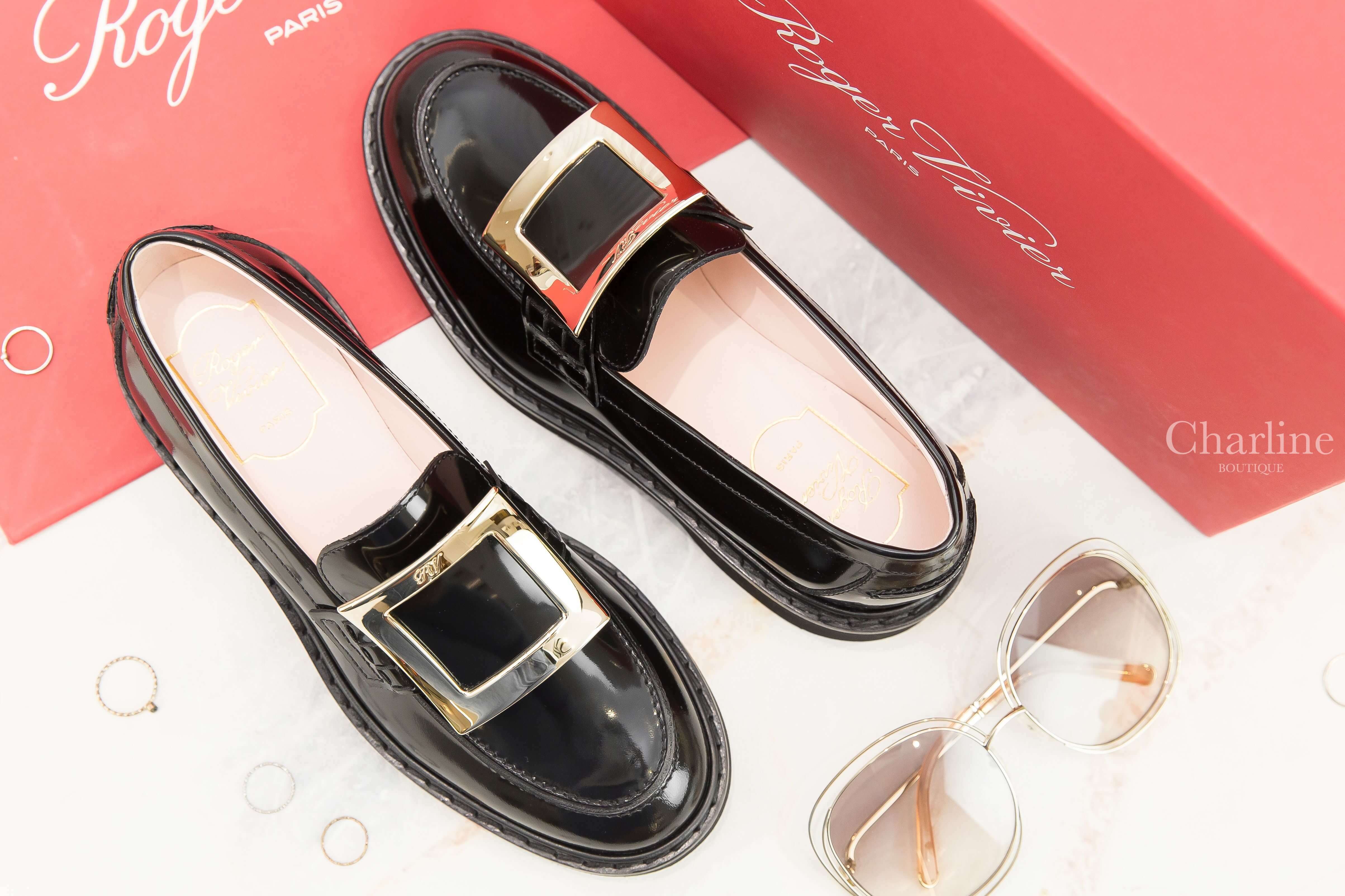 Roger Vivier Viv' Rangers Metal Buckle Loafers In Leather 黑色皮革淡金色方釦平底樂福鞋-Charline Boutique 精品代購