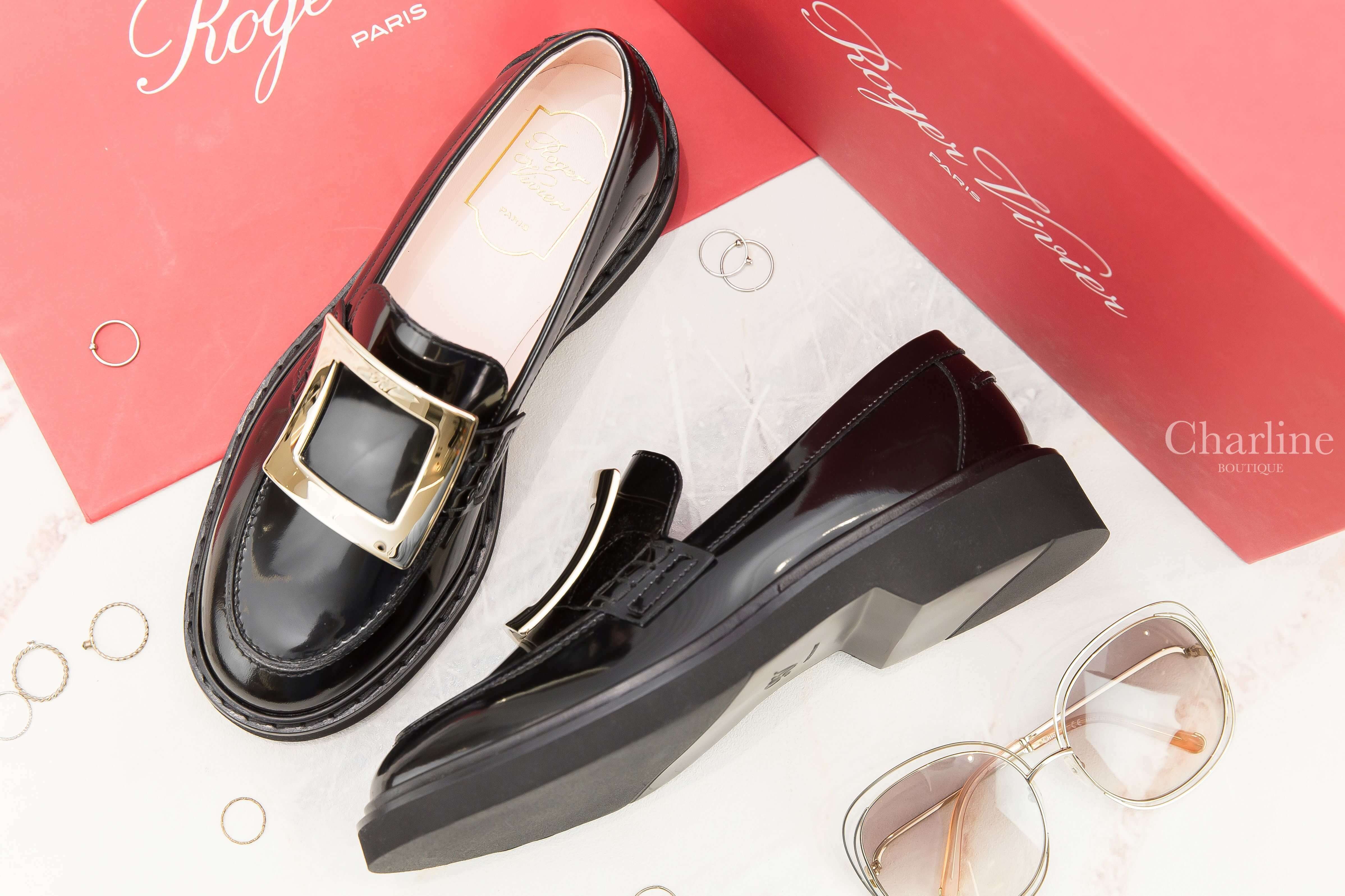 Roger Vivier Viv' Rangers Metal Buckle Loafers In Leather 黑色皮革淡金色方釦平底樂福鞋-Charline Boutique 精品代購