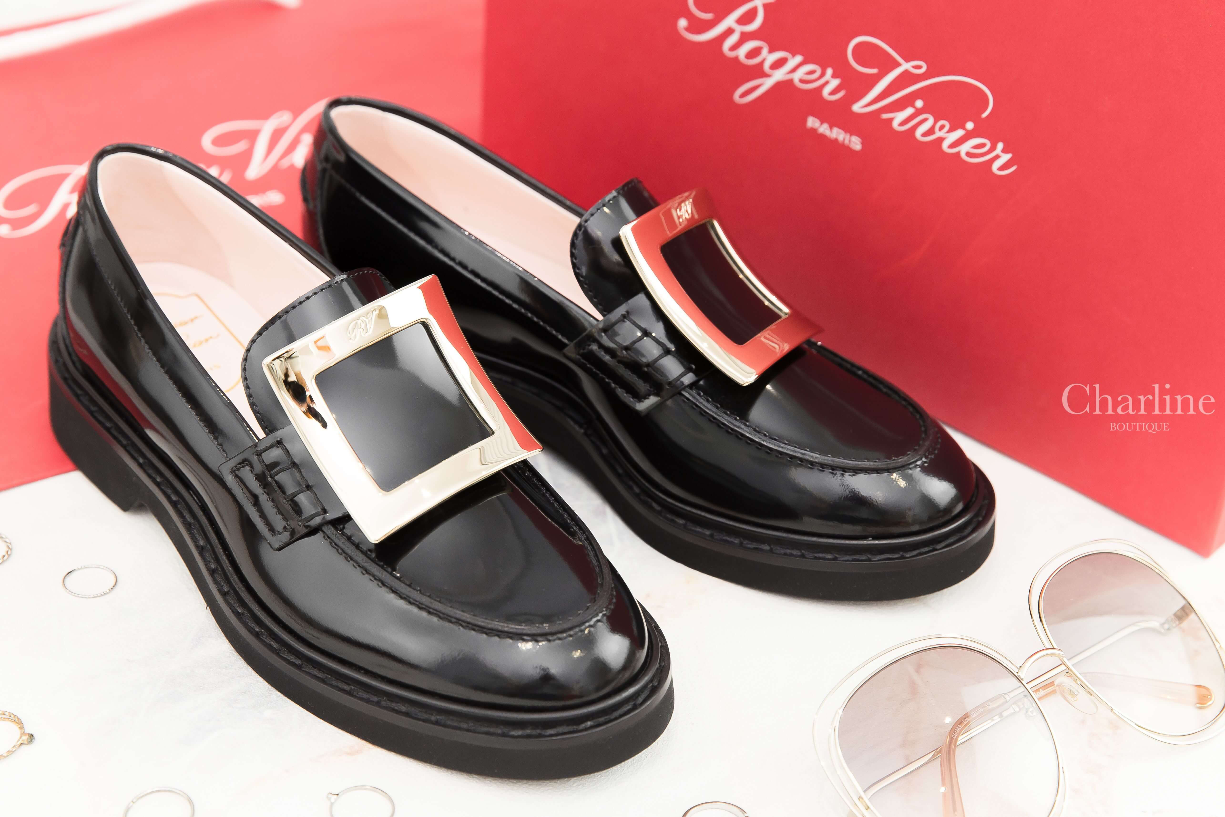 Roger Vivier Viv' Rangers Metal Buckle Loafers In Leather 黑色皮革淡金色方釦平底樂福鞋-Charline Boutique 精品代購