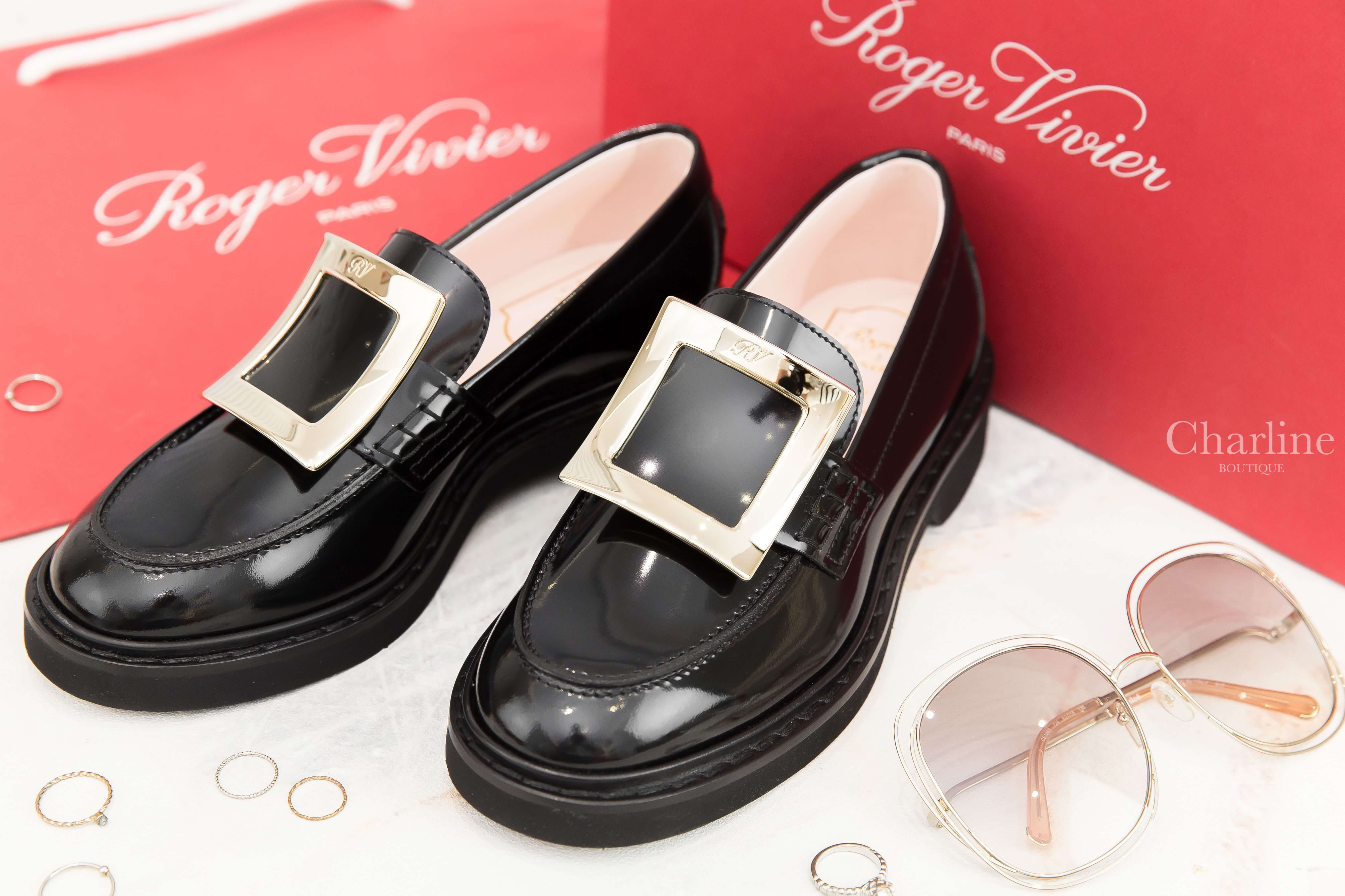 Roger Vivier Viv' Rangers Metal Buckle Loafers In Leather 黑色皮革淡金色方釦平底樂福鞋-Charline Boutique 精品代購