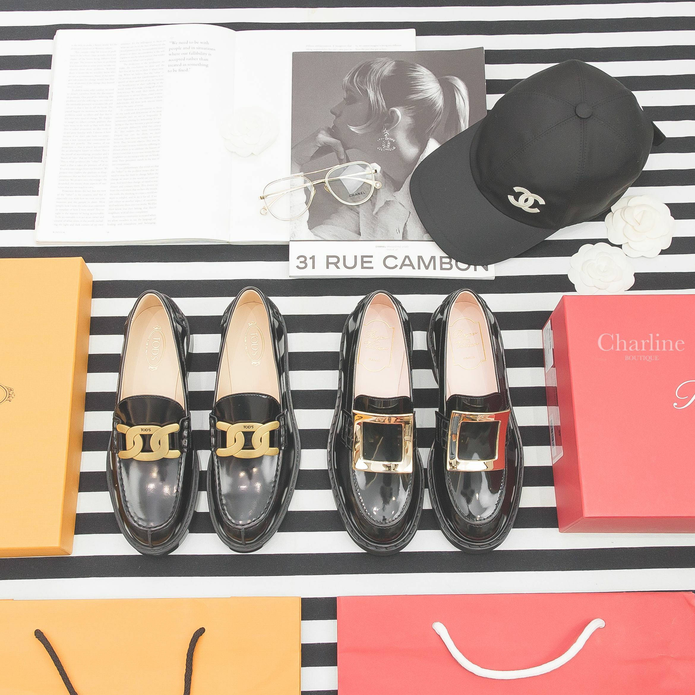 Roger Vivier 黑色皮革淡金色方釦平底樂福鞋,Tod's 黑色皮革金色鍊條平底樂福鞋,Chanel 黑色刺繡白CC棉質棒球帽,Chanel 金色飛行員邊框平光眼鏡-Charline Boutique 精品代購