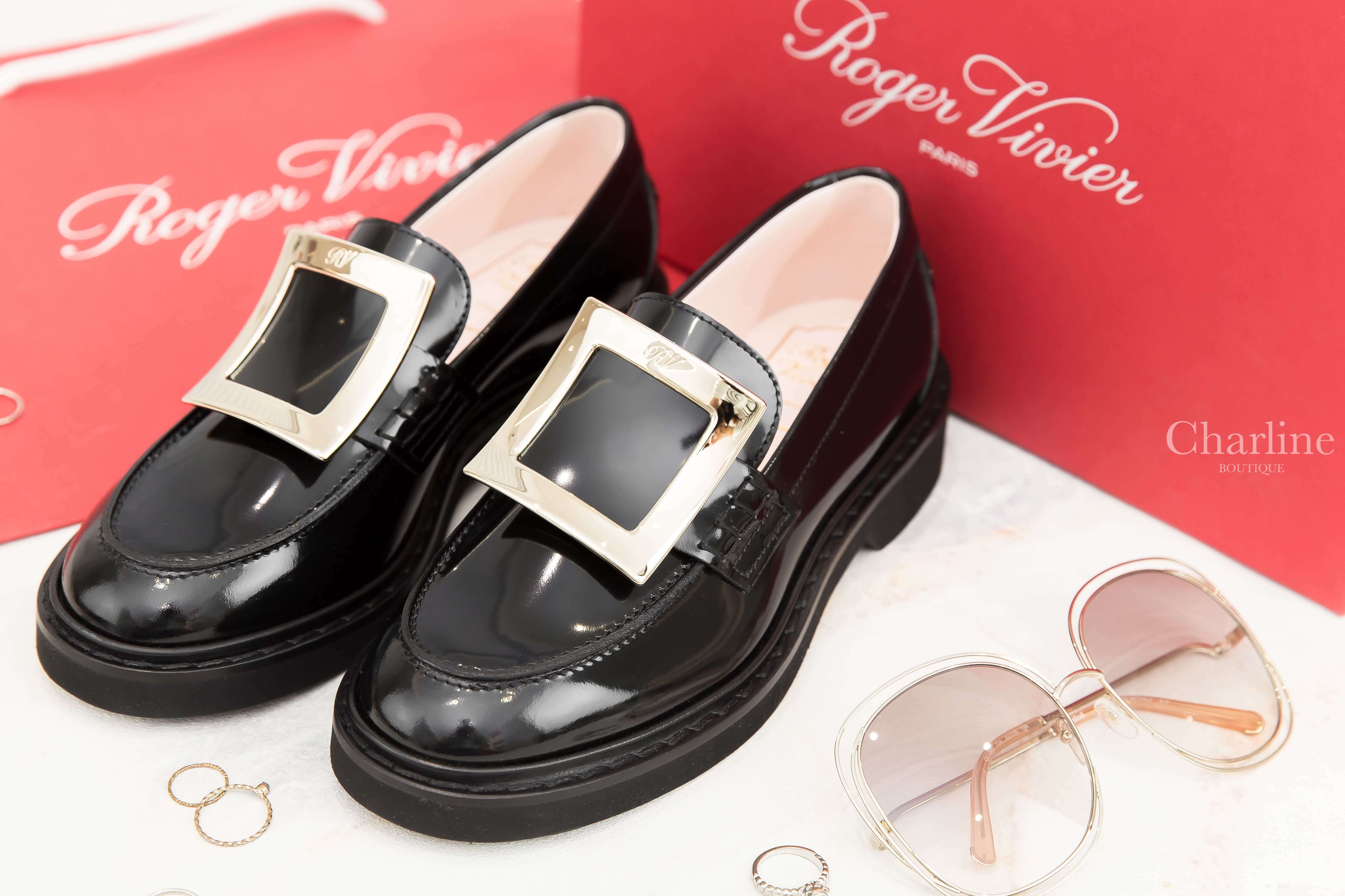 Roger Vivier Viv' Rangers Metal Buckle Loafers In Leather 黑色皮革淡金色方釦平底樂福鞋-Charline Boutique 精品代購