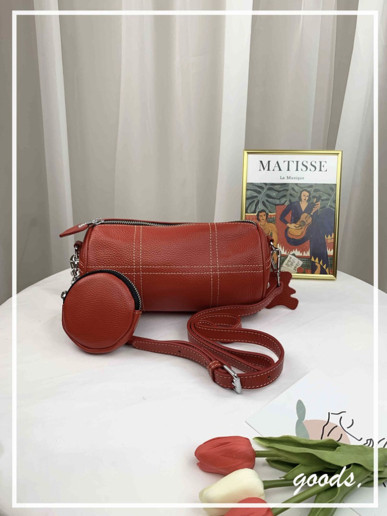 亮紅色 真皮牛皮迷你圓筒包 / 側背包 #SM-9009