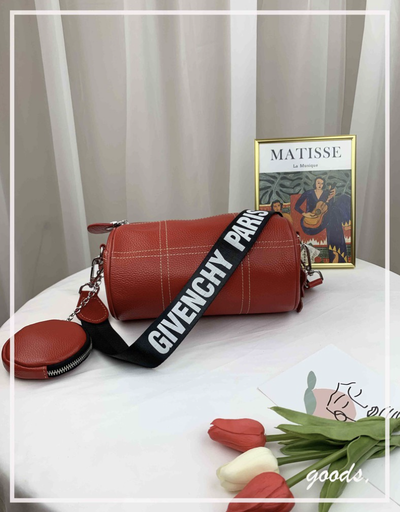 亮紅色 真皮牛皮迷你圓筒包 / 側背包 #SM-9009