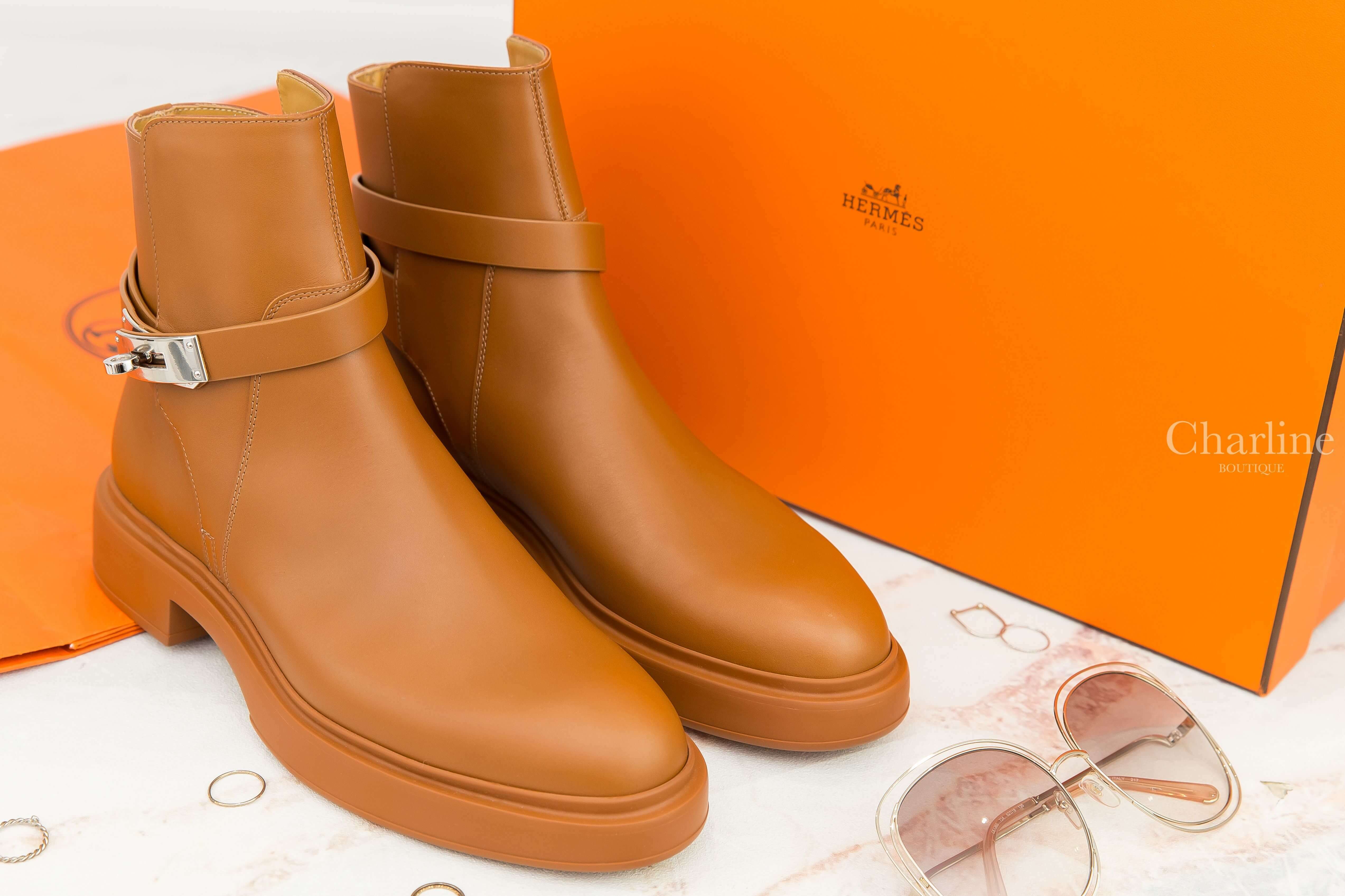 Hermès Veo Ankle Boot 自然棕色銀釦小牛皮低跟踝靴