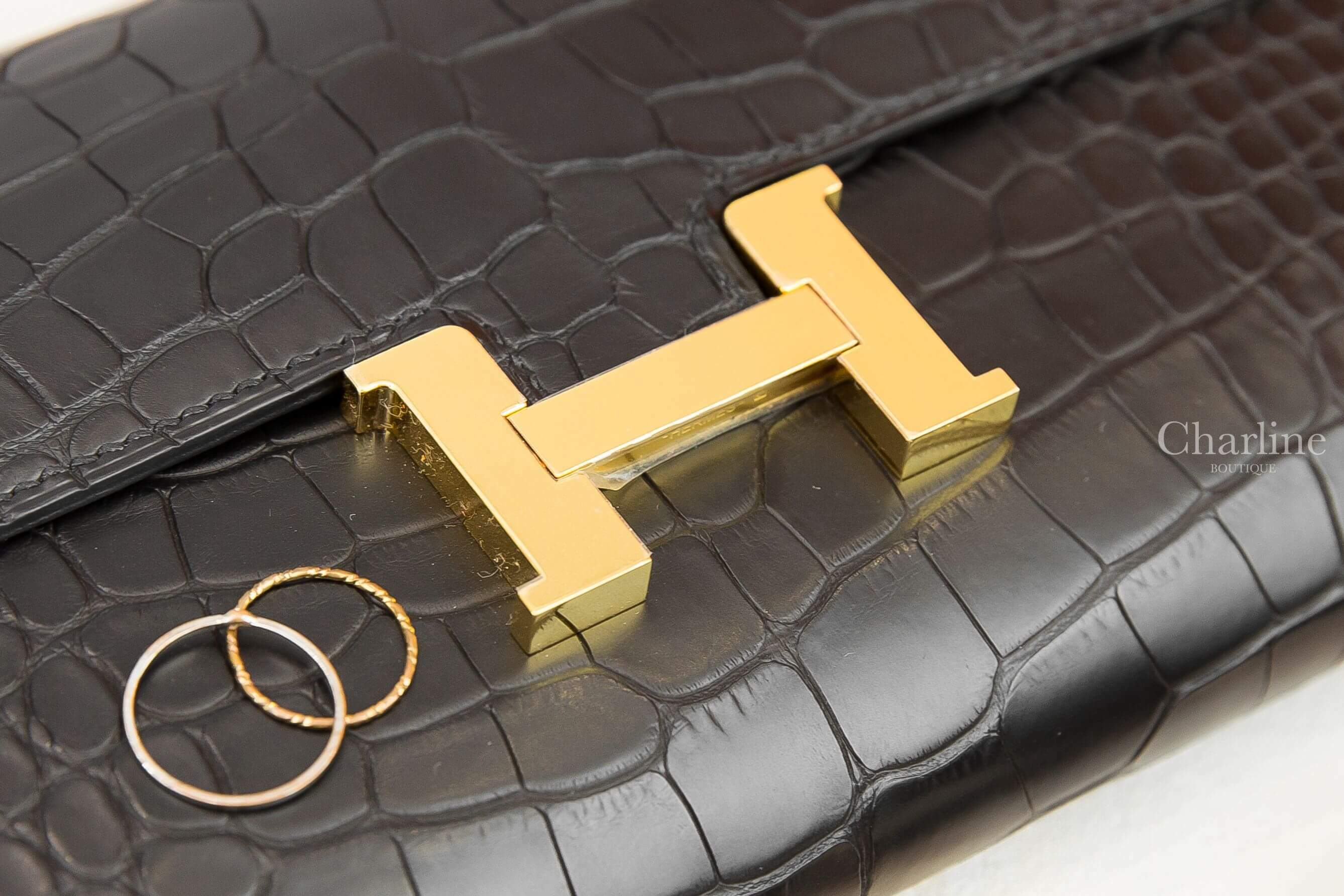 Hermès Constance Long To Go Wallet 89 Noir 黑色霧面方塊鱷魚金釦肩背包
