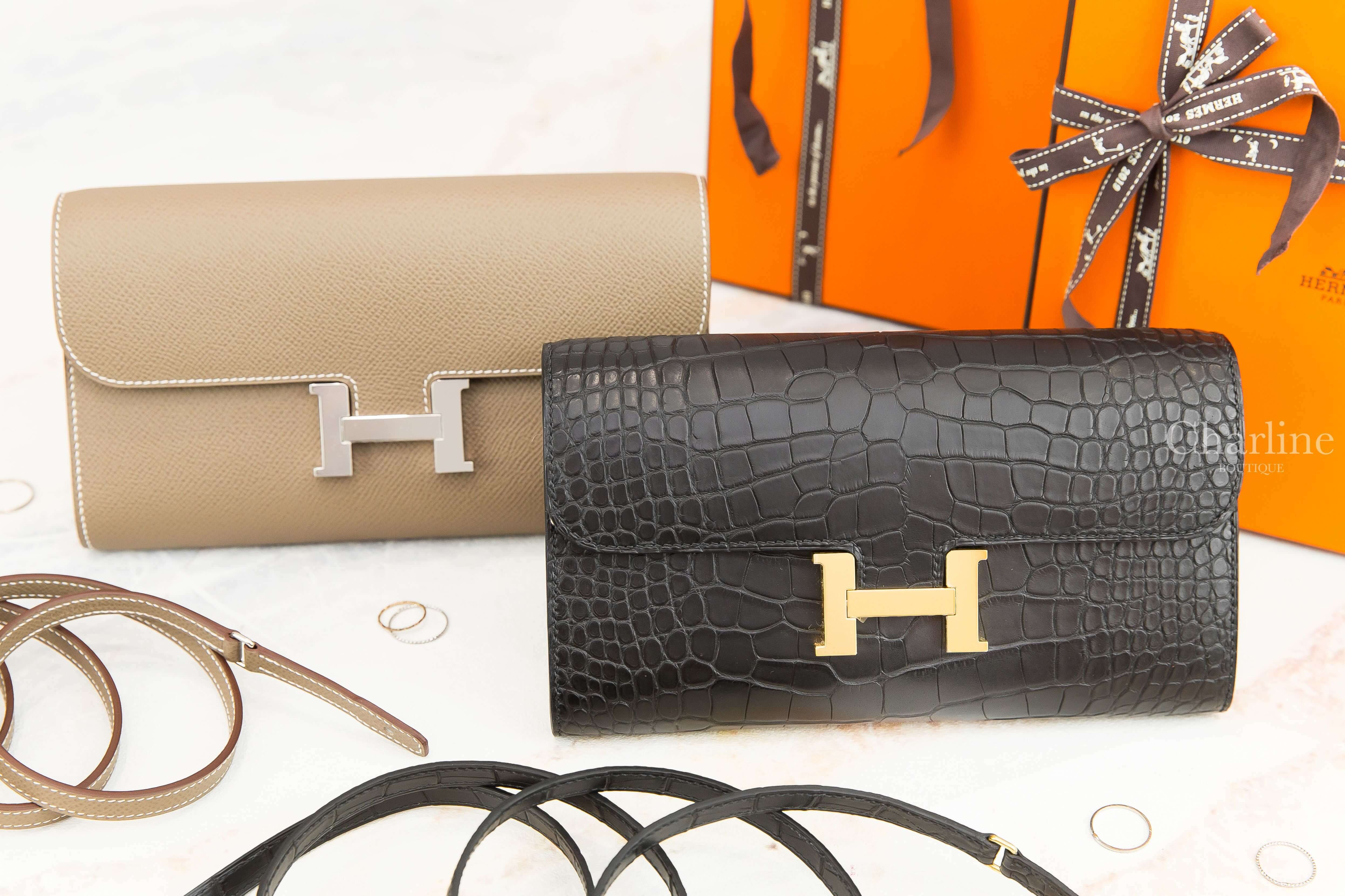 Hermès Constance To Go Wallet 18 Etoupe Epsom 大象灰銀釦,Hermès Constance To Go Wallet 89 Noir 黑色霧面方塊鱷魚金釦-Charline Boutique 精品代購