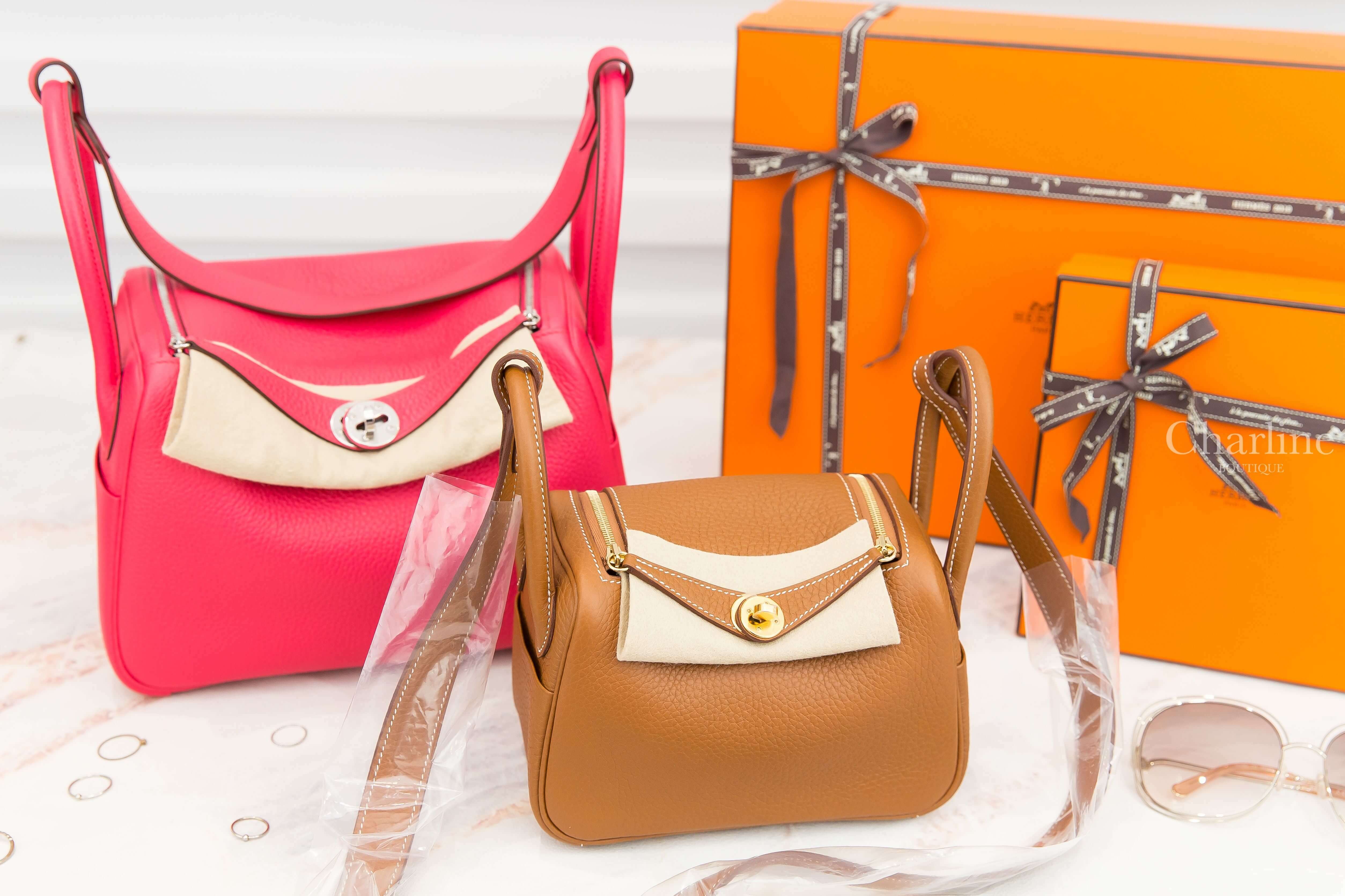 Hermès Lindy 26cm I6 Rose Extreme T/C 玫瑰桃粉色銀釦,Hermès Lindy Mini 37 Gold T/C 焦糖色金釦-Charline Boutique 精品代購