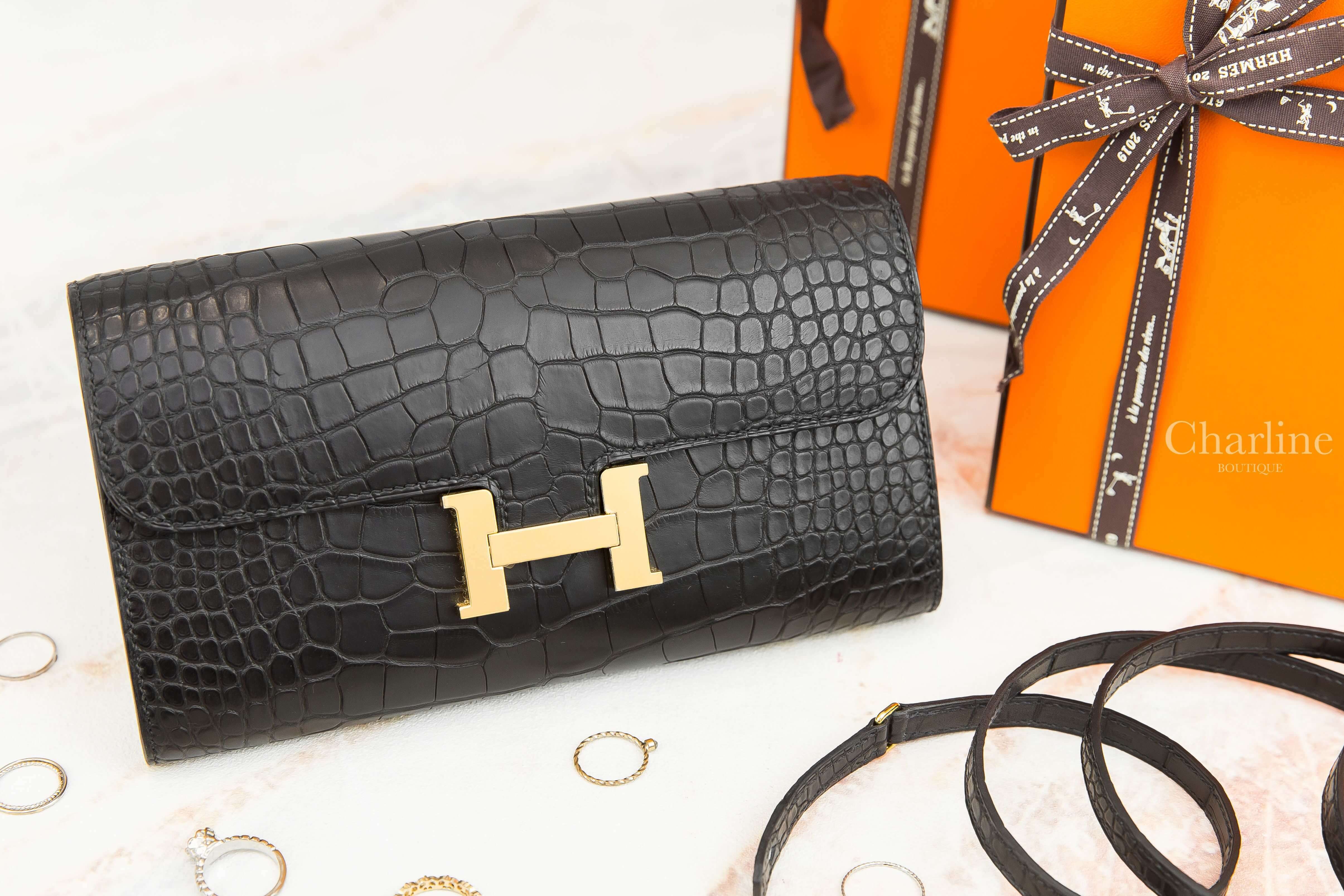Hermès Constance Long To Go Wallet 89 Noir Z刻黑色霧面方塊鱷魚金釦肩背包-Charline Boutique 精品代購