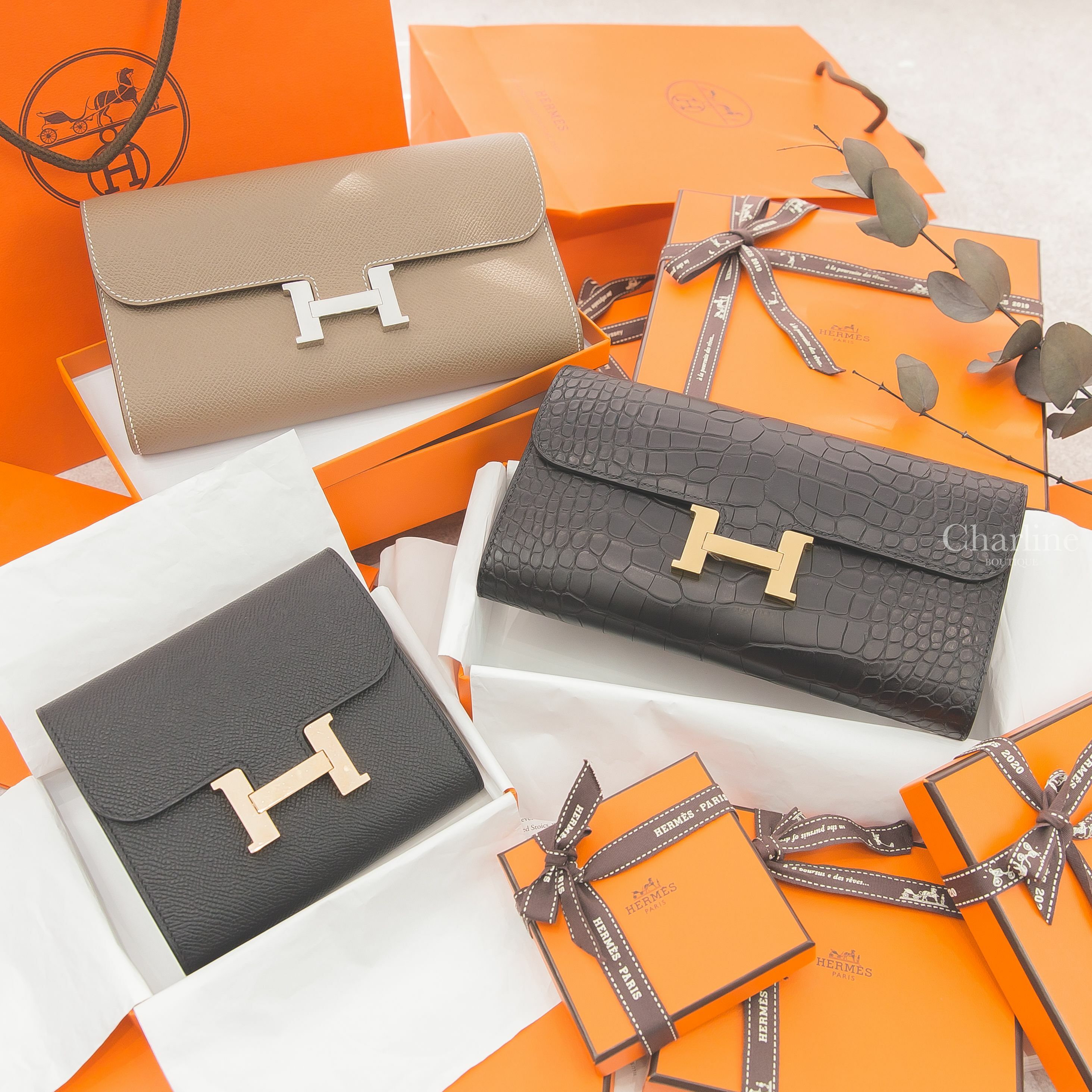 Hermès Constance To Go 大象灰銀釦肩背包,Hermès Constance To Go 黑色霧面方塊鱷魚金釦肩背包,Hermès Constance Compact 黑色玫瑰金釦短夾-Charline Boutique 精品代購