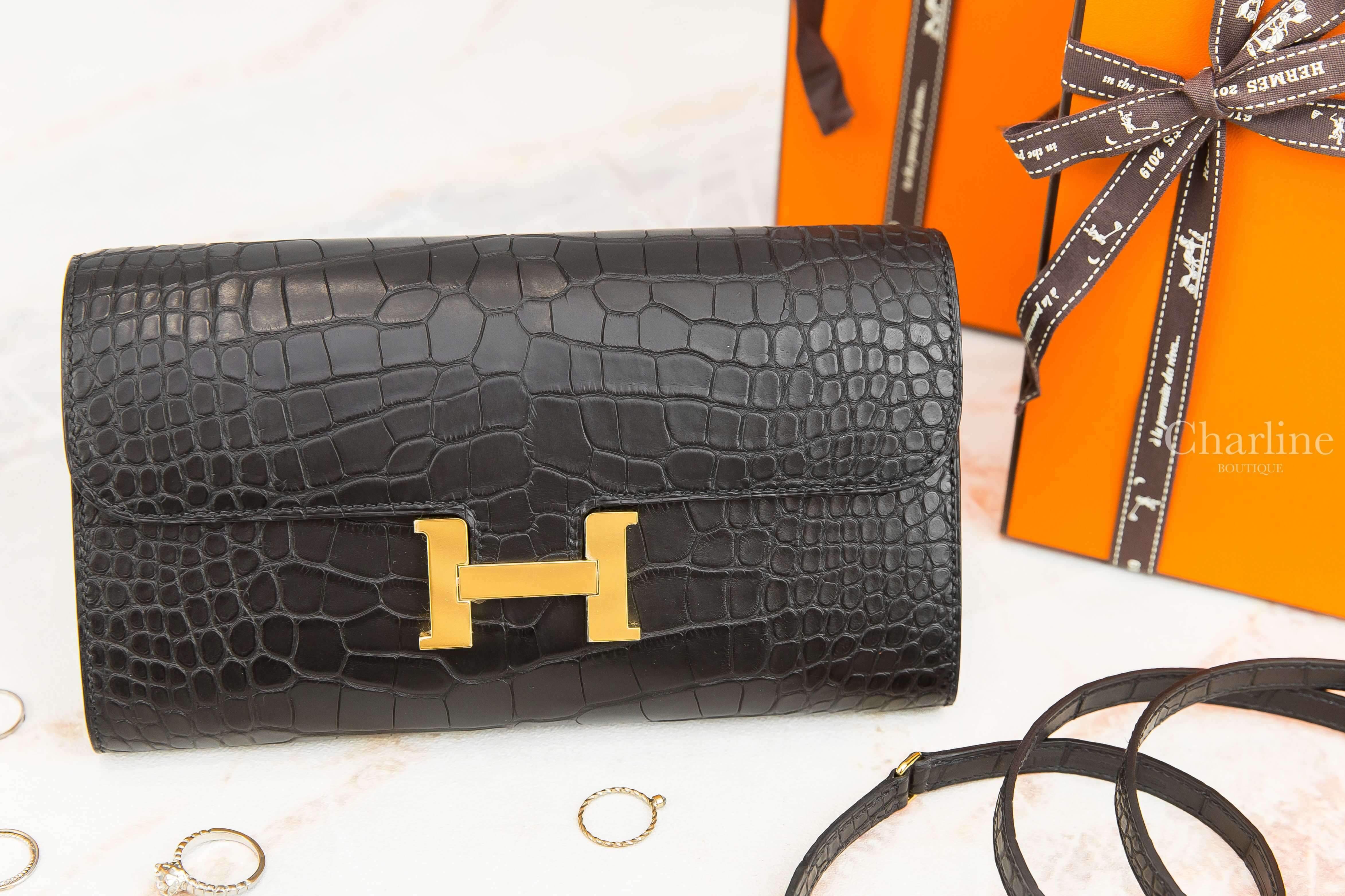 Hermès Constance Long To Go Wallet 89 Noir 黑色霧面方塊鱷魚金釦肩背包