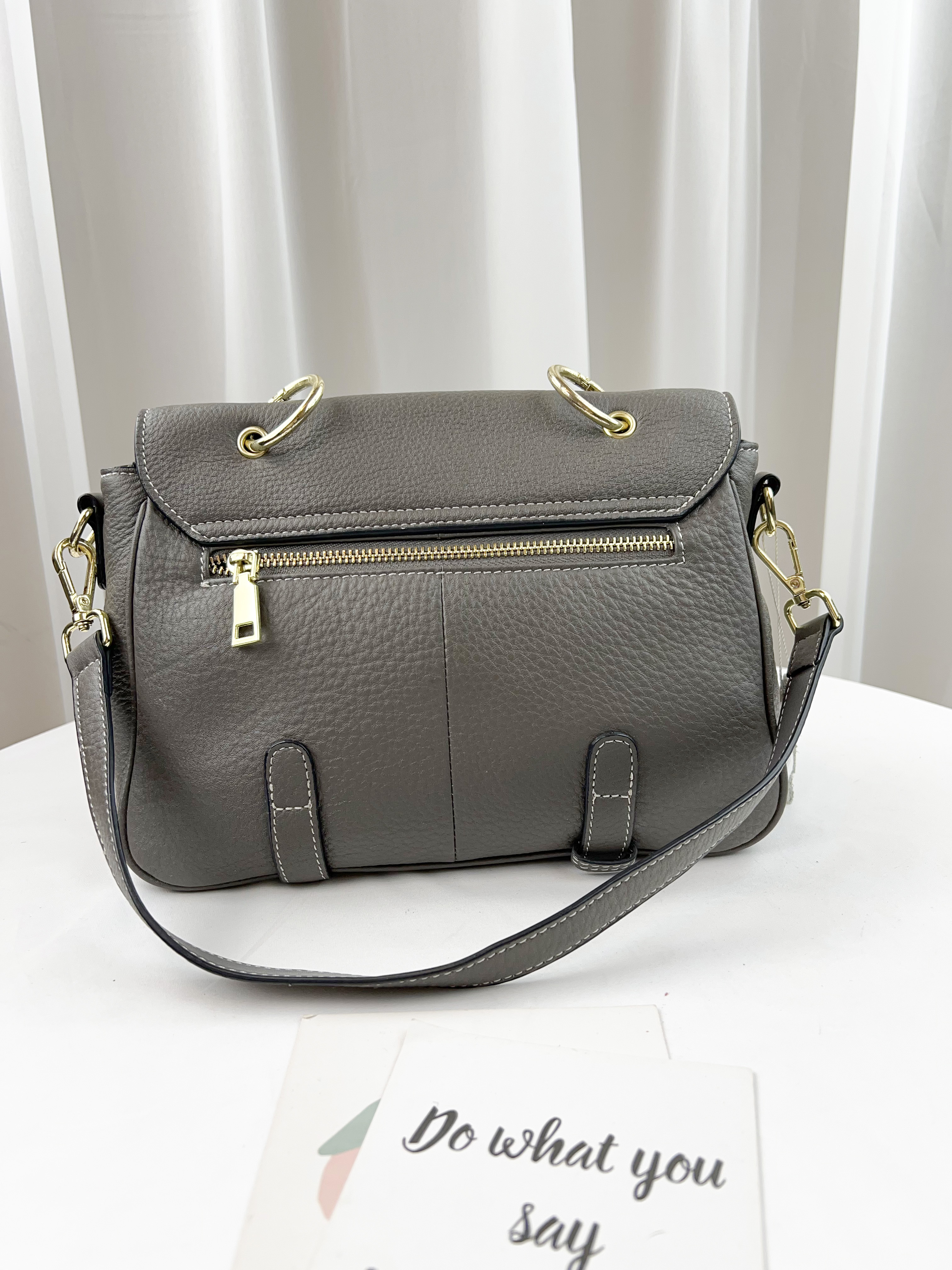 大象灰 真皮牛皮翻蓋肩背包 / 側背包 #SM-9221