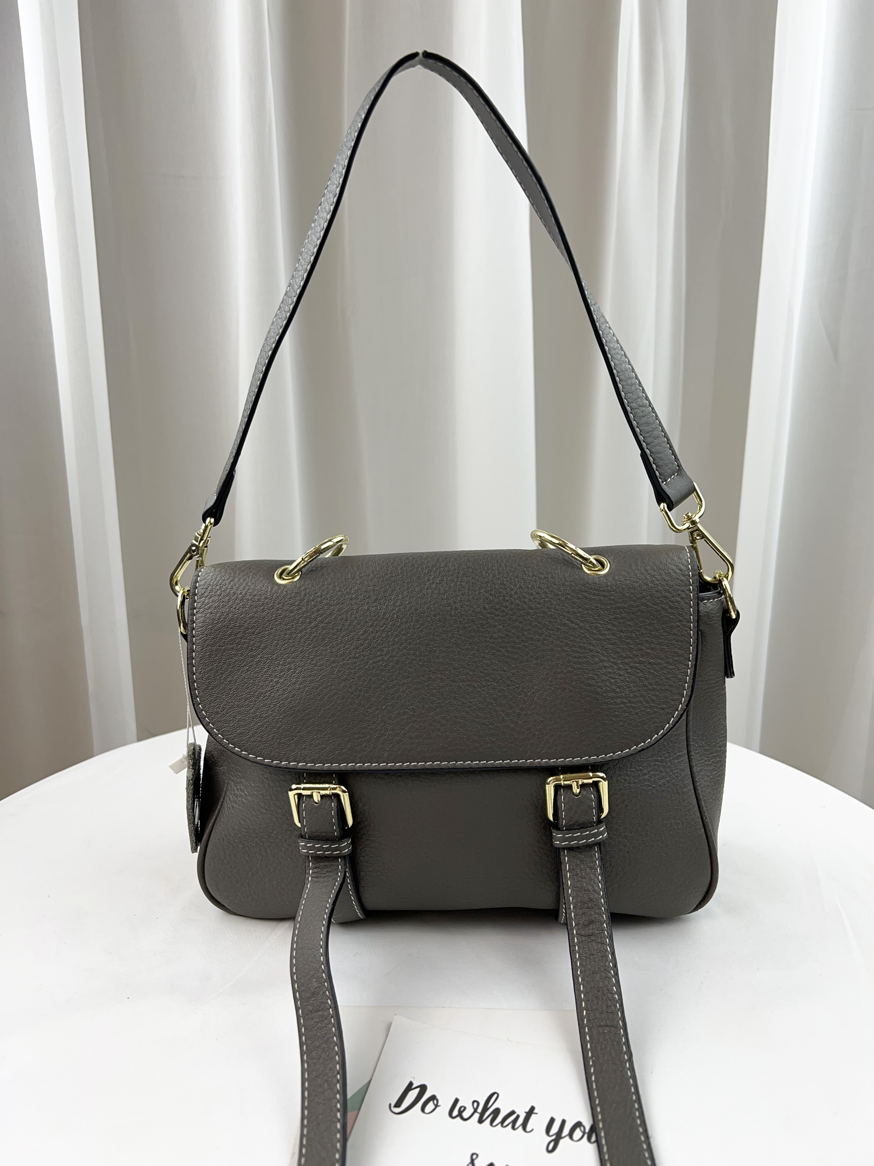 大象灰 真皮牛皮翻蓋肩背包 / 側背包 #SM-9221