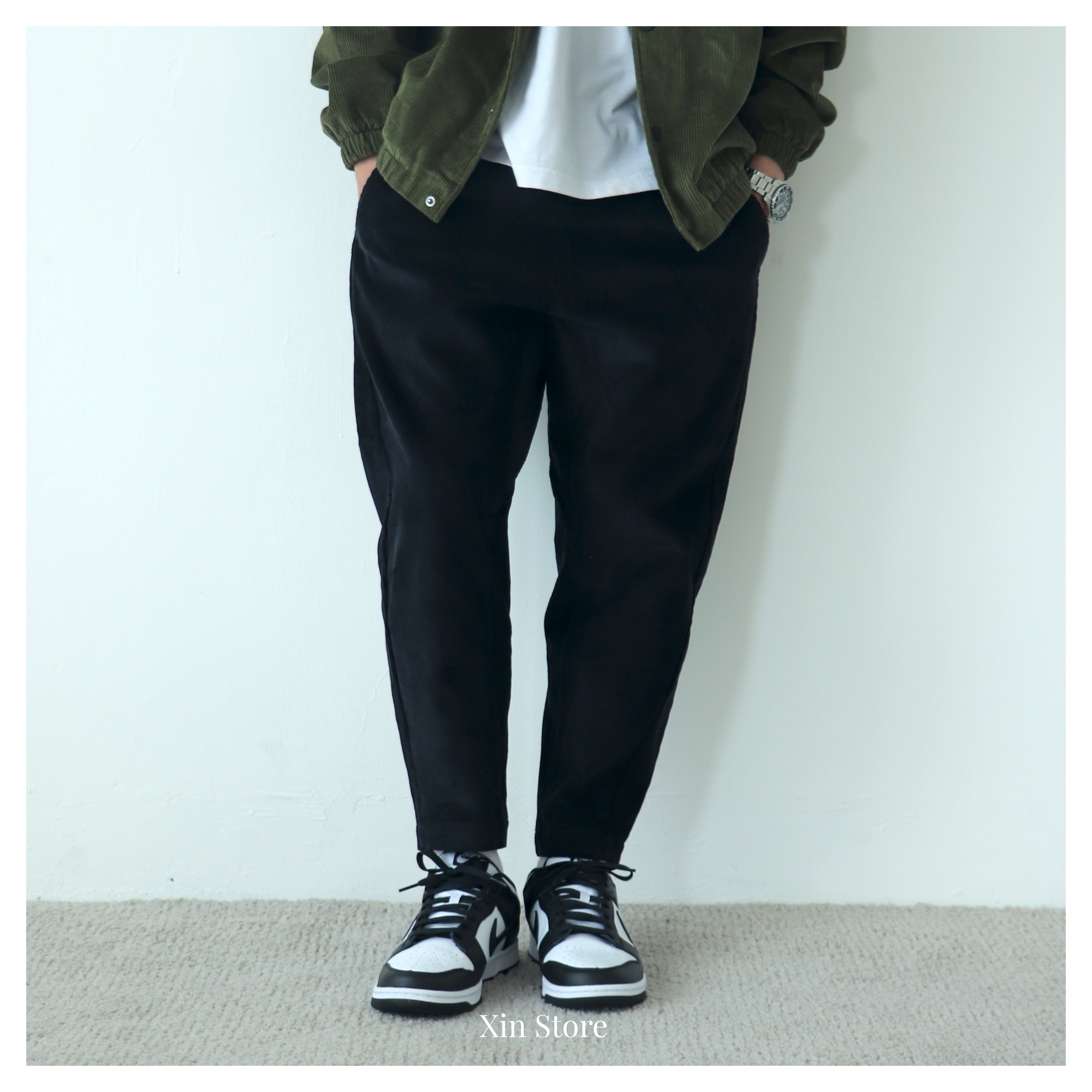 【現貨】Nike NSW Pants 燈芯絨 刺繡 字勾 鬆緊 內抽繩 錐形褲 9分褲 黑 深藍 橄欖綠