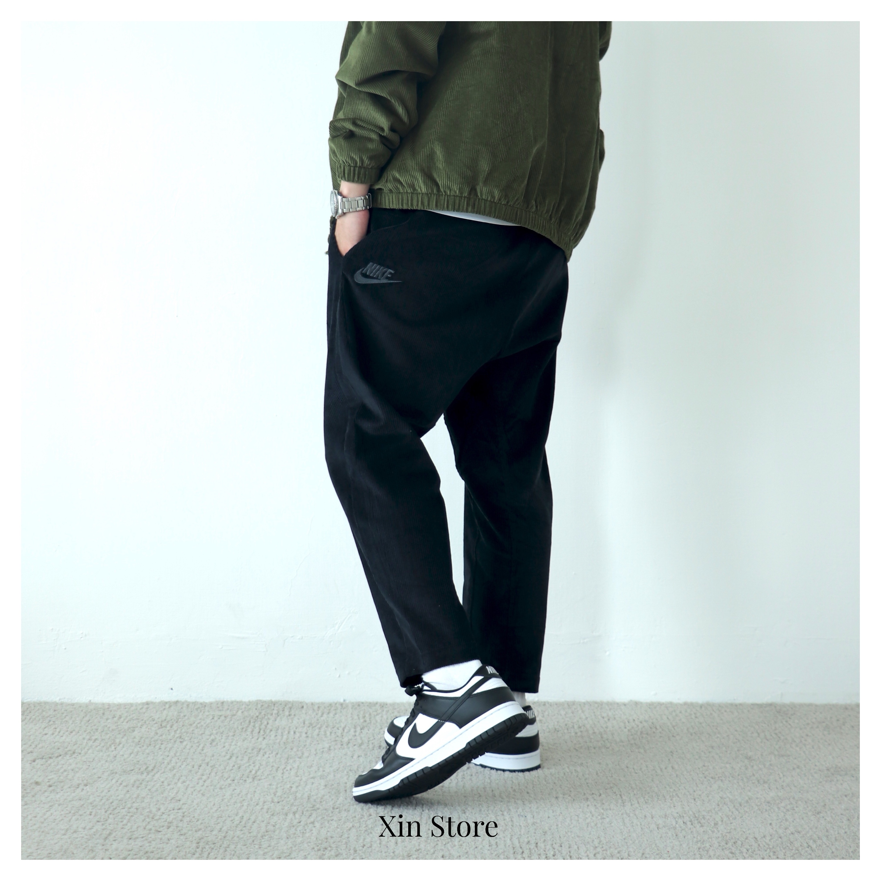 Nike NSW Pants 燈芯絨 刺繡 字勾 鬆緊 內抽繩 錐形褲 9分褲 黑 深藍 橄欖綠