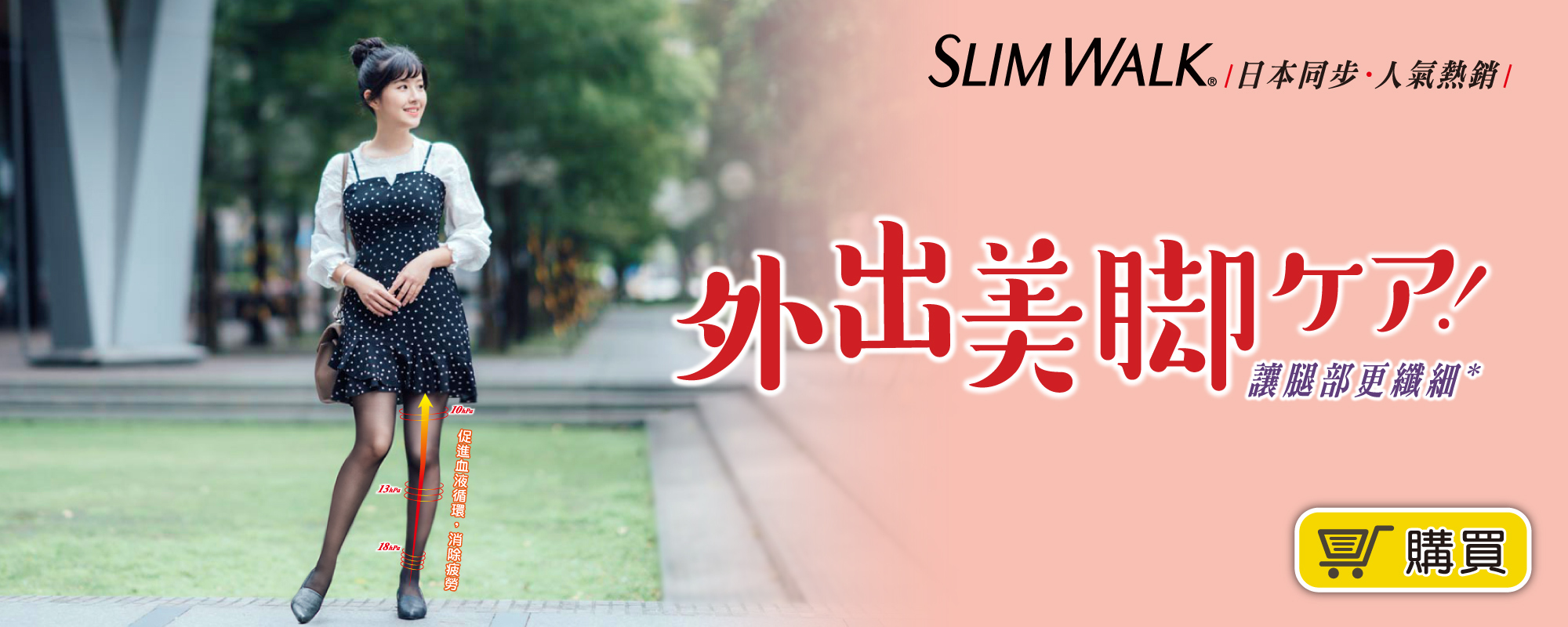 穿著SLIMWALK壓力褲，讓妳外出都能持續美腿。