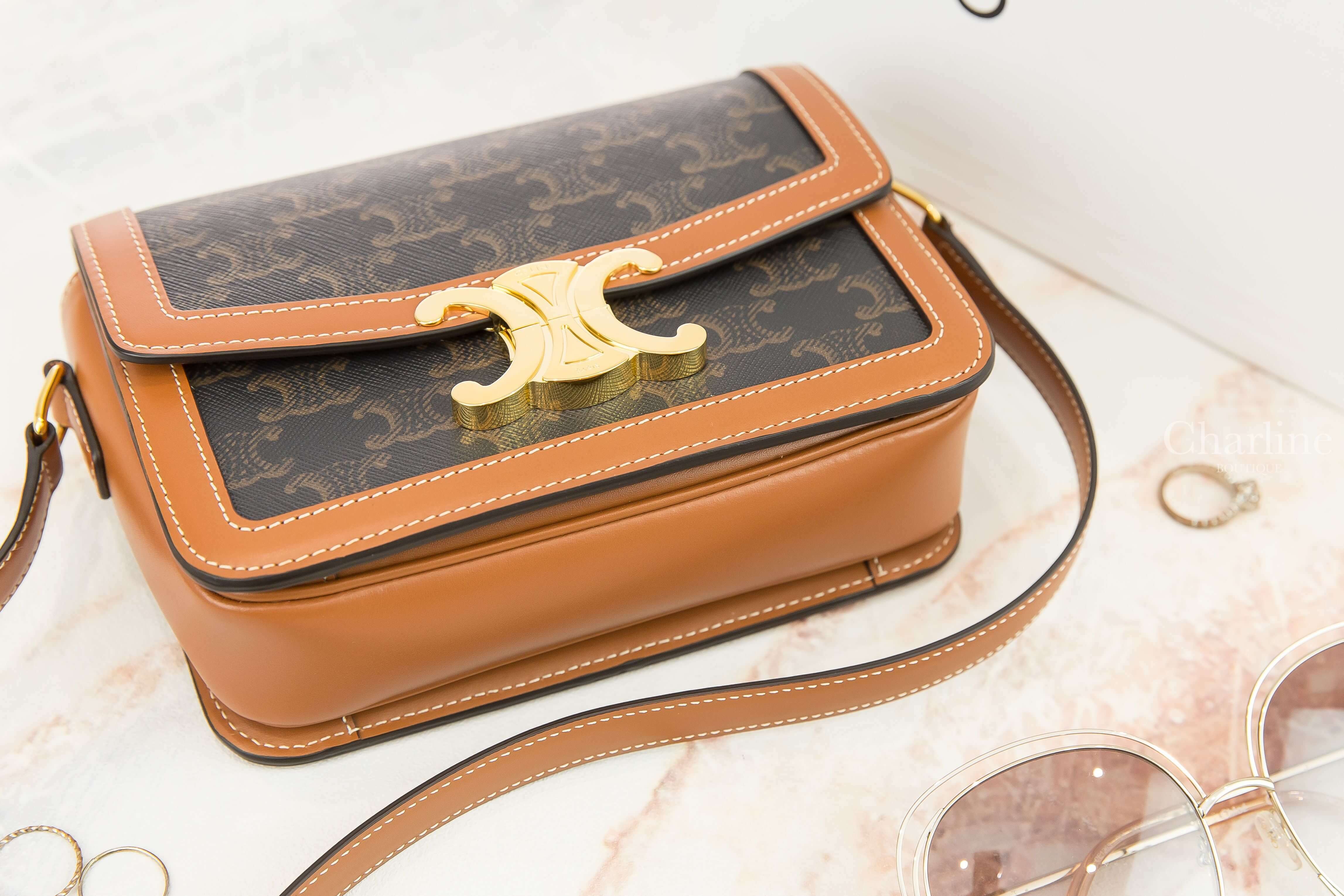 Celine Teen Triomphe Bag In Triomphe Canvas And Calfskin 棕褐色凱旋門老花帆布拼咖啡色牛皮金釦肩背包-Charline Boutique 精品代購