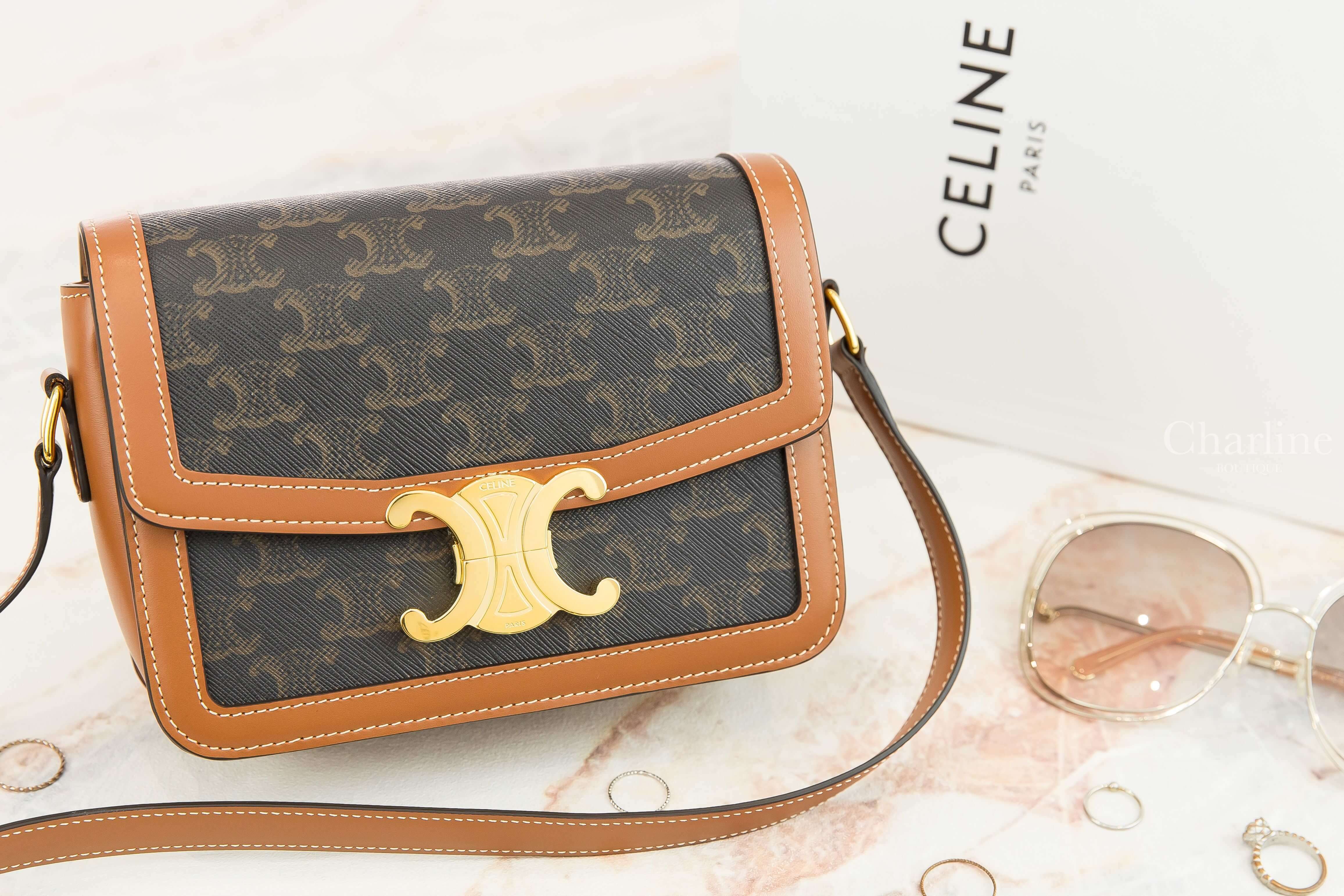 Celine Teen Triomphe Bag In Triomphe Canvas And Calfskin 棕褐色凱旋門老花帆布拼咖啡色牛皮金釦肩背包-Charline Boutique 精品代購