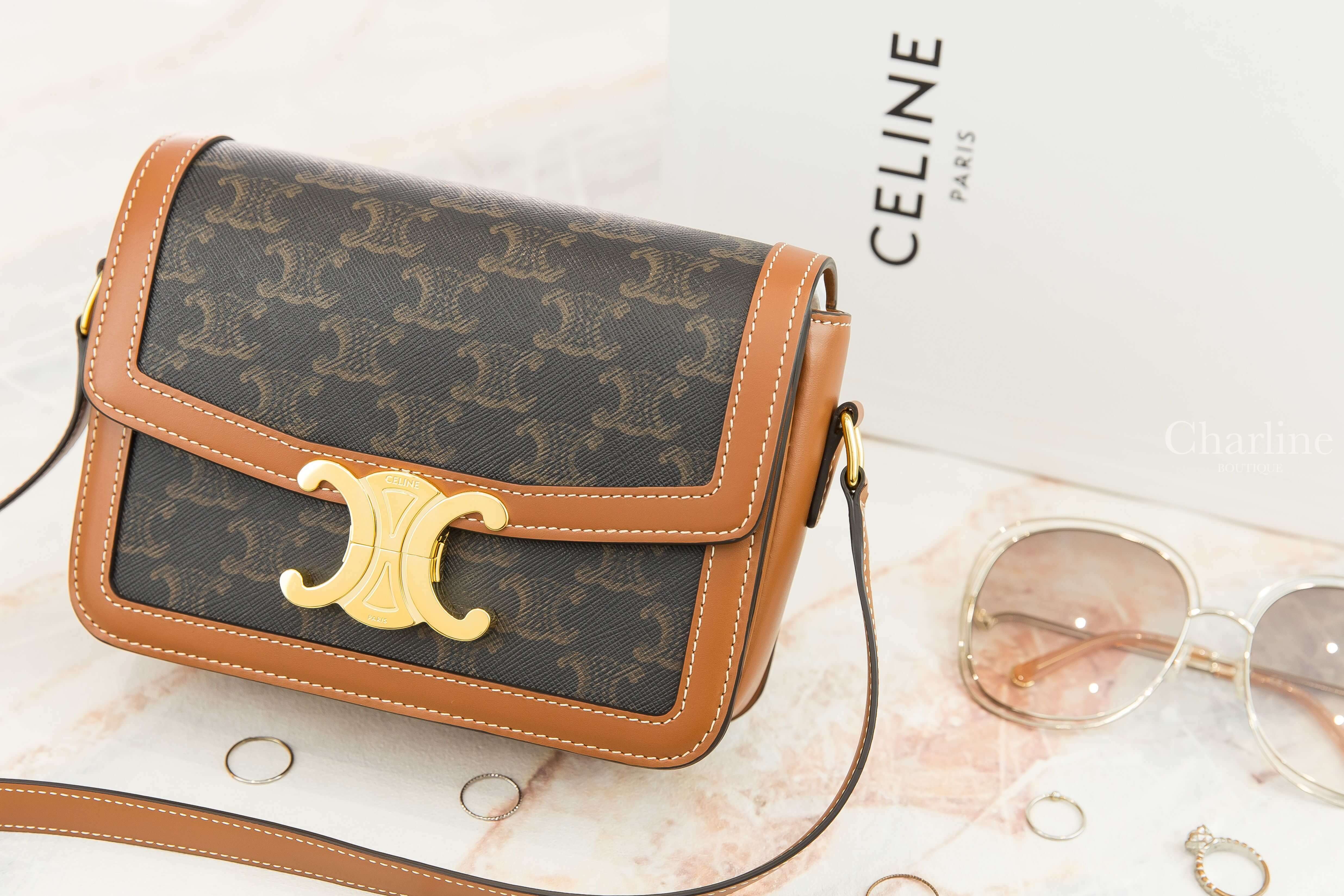 Celine Teen Triomphe Bag In Triomphe Canvas And Calfskin 棕褐色凱旋門老花帆布拼咖啡色牛皮金釦肩背包-Charline Boutique 精品代購