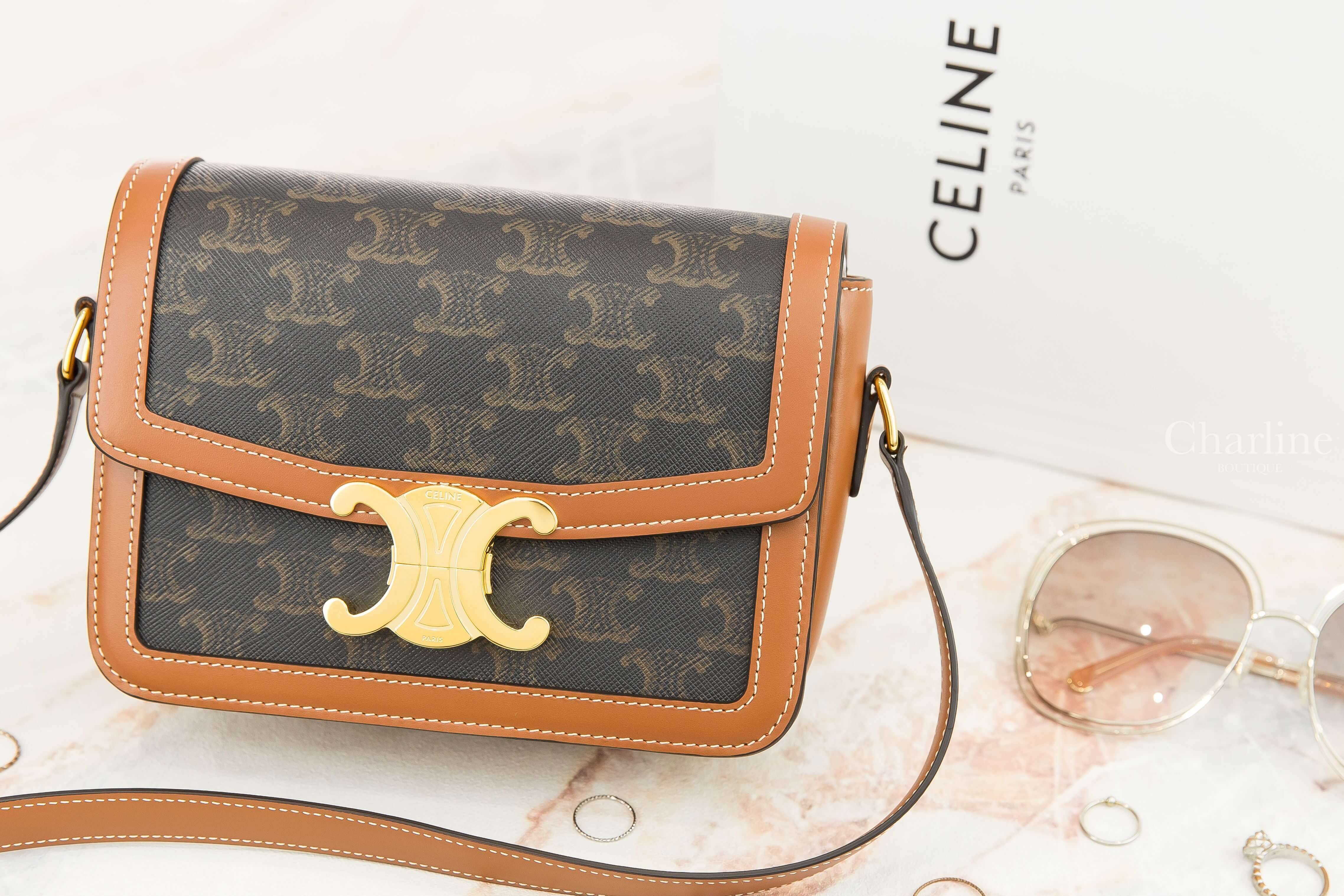 Celine Teen Triomphe Bag In Triomphe Canvas And Calfskin 棕褐色凱旋門老花帆布拼咖啡色牛皮金釦肩背包-Charline Boutique 精品代購