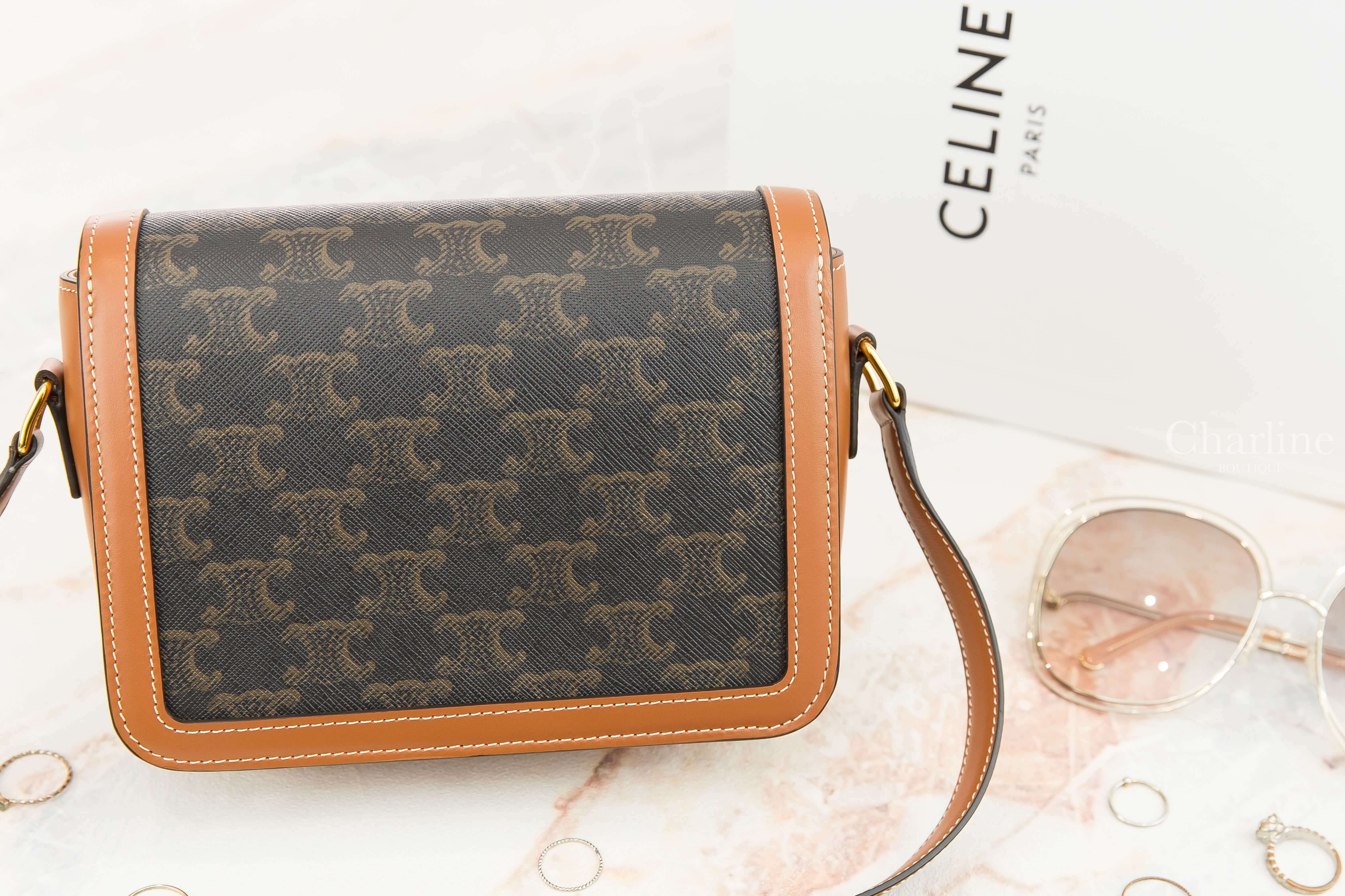 Celine Teen Triomphe Bag In Triomphe Canvas And Calfskin 棕褐色凱旋門老花帆布拼咖啡色牛皮金釦肩背包-Charline Boutique 精品代購
