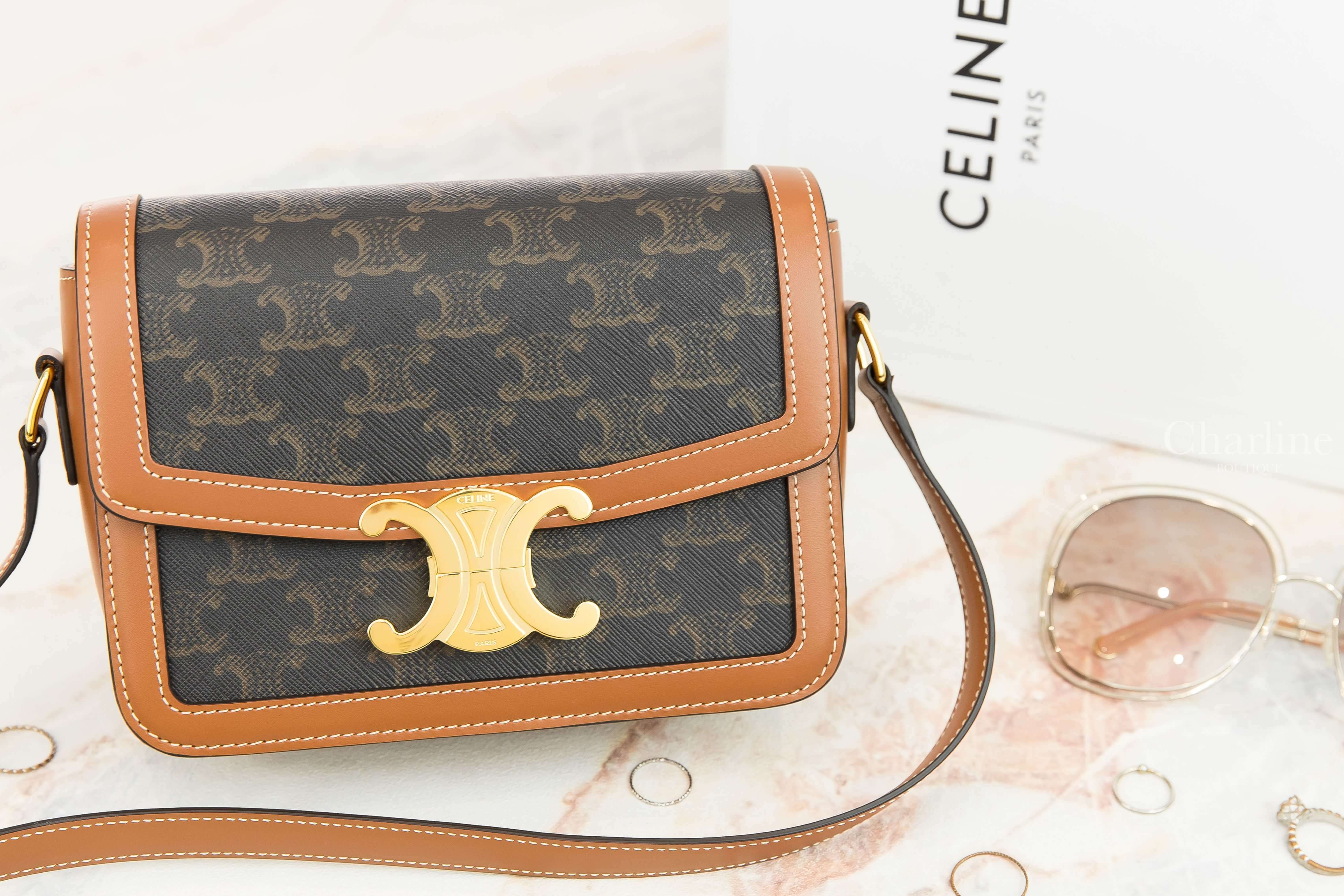Celine Teen Triomphe Bag In Triomphe Canvas And Calfskin 棕褐色凱旋門老花帆布拼咖啡色牛皮金釦肩背包-Charline Boutique 精品代購
